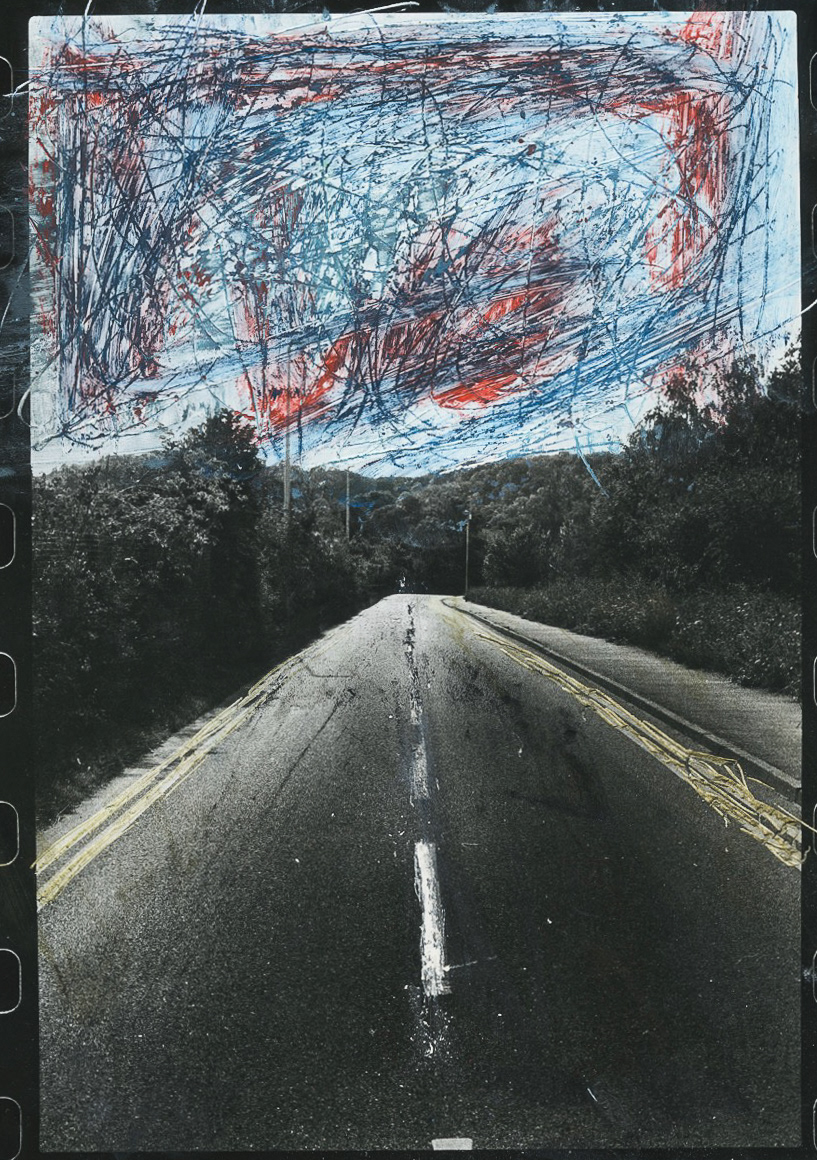 Road in Cuxton, Oil Pastel on Silver Gelatin Print, 8x10", 2023