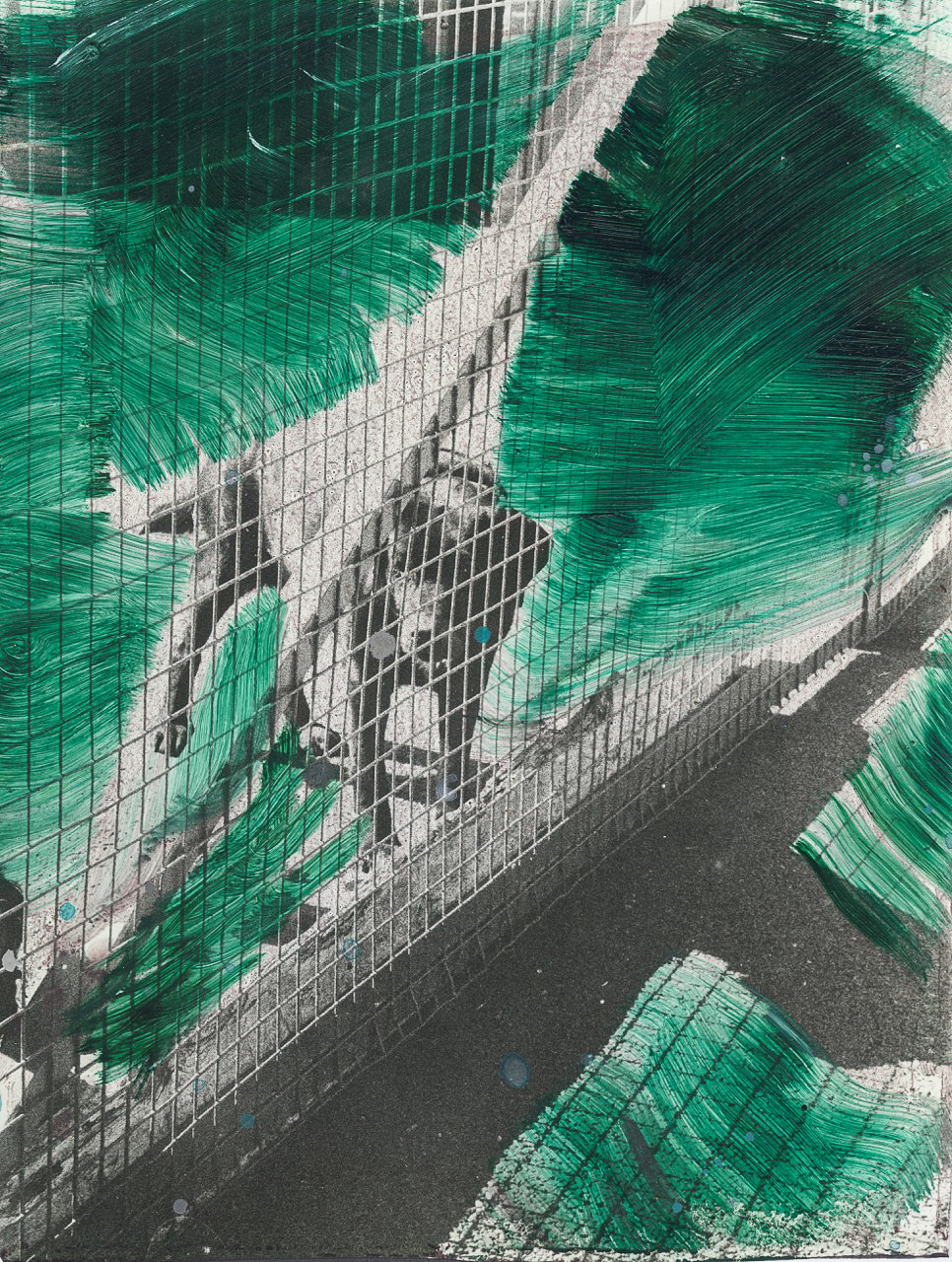 Dog nehind gate, Oil on Silver Gelatin Print, 8x10", 2022