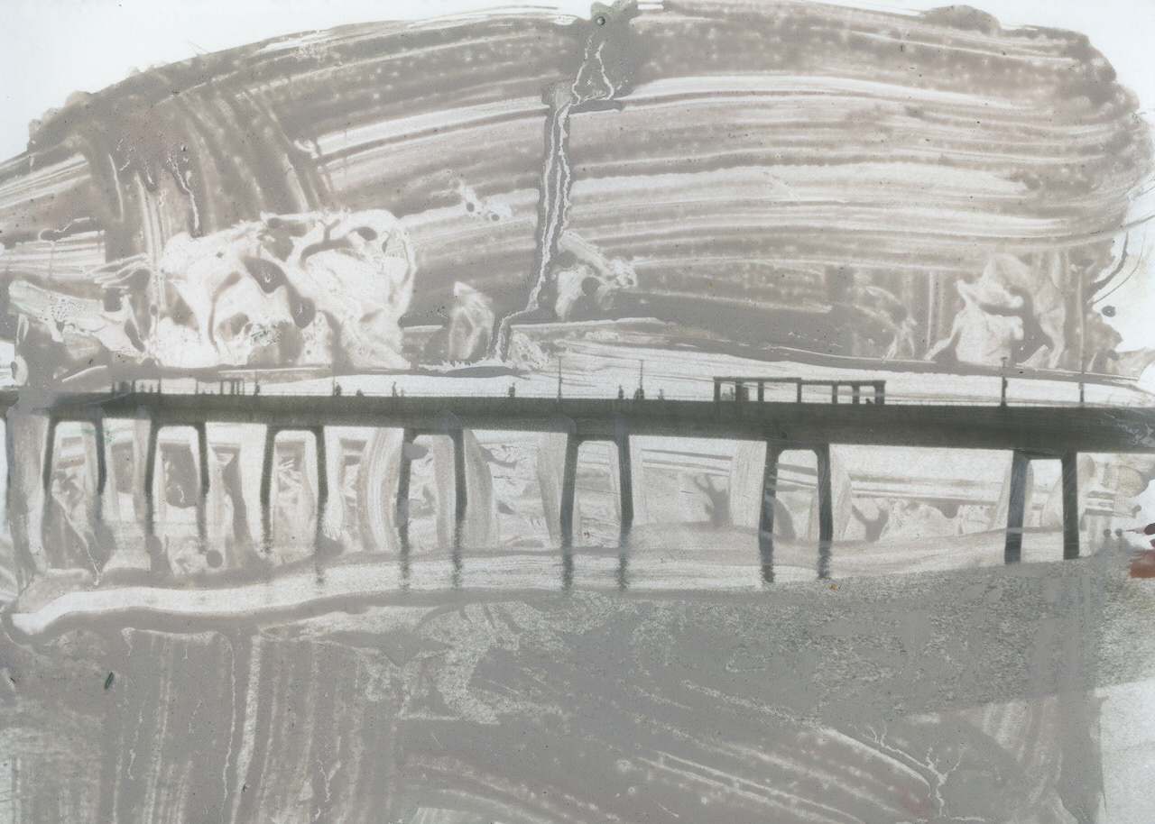 Deal Pier, Oil on Silver Gelatin Print, 5x6", 2022