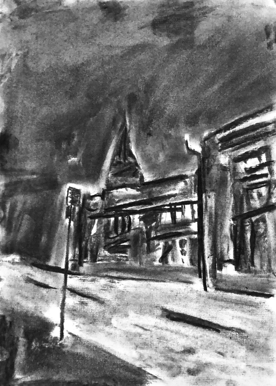 Camberwell Church, 2025, Charcoal on Paper, 24.5x27cm