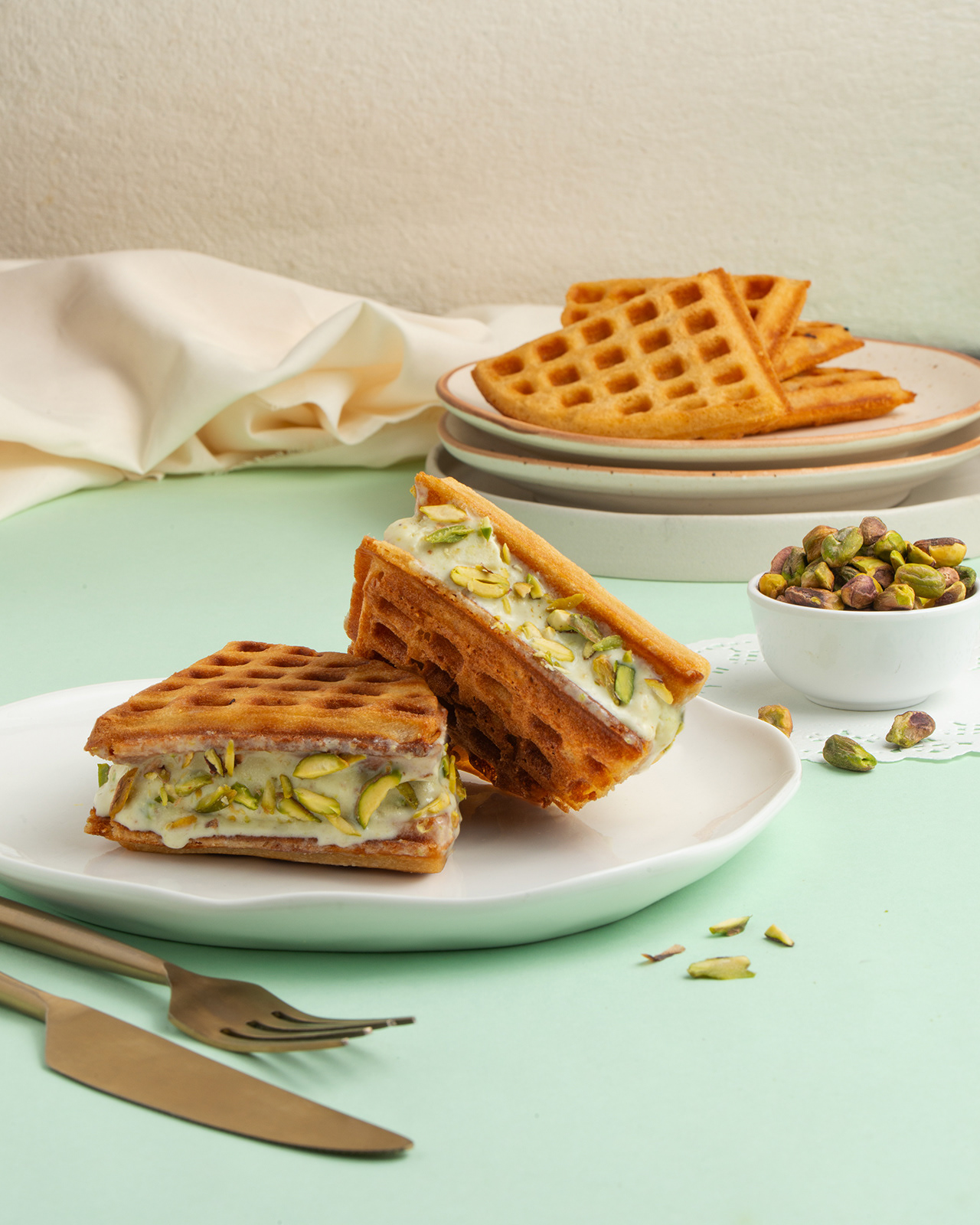 Pista Ice cream Waffle Sandwich, prop styling for Verandah Deli