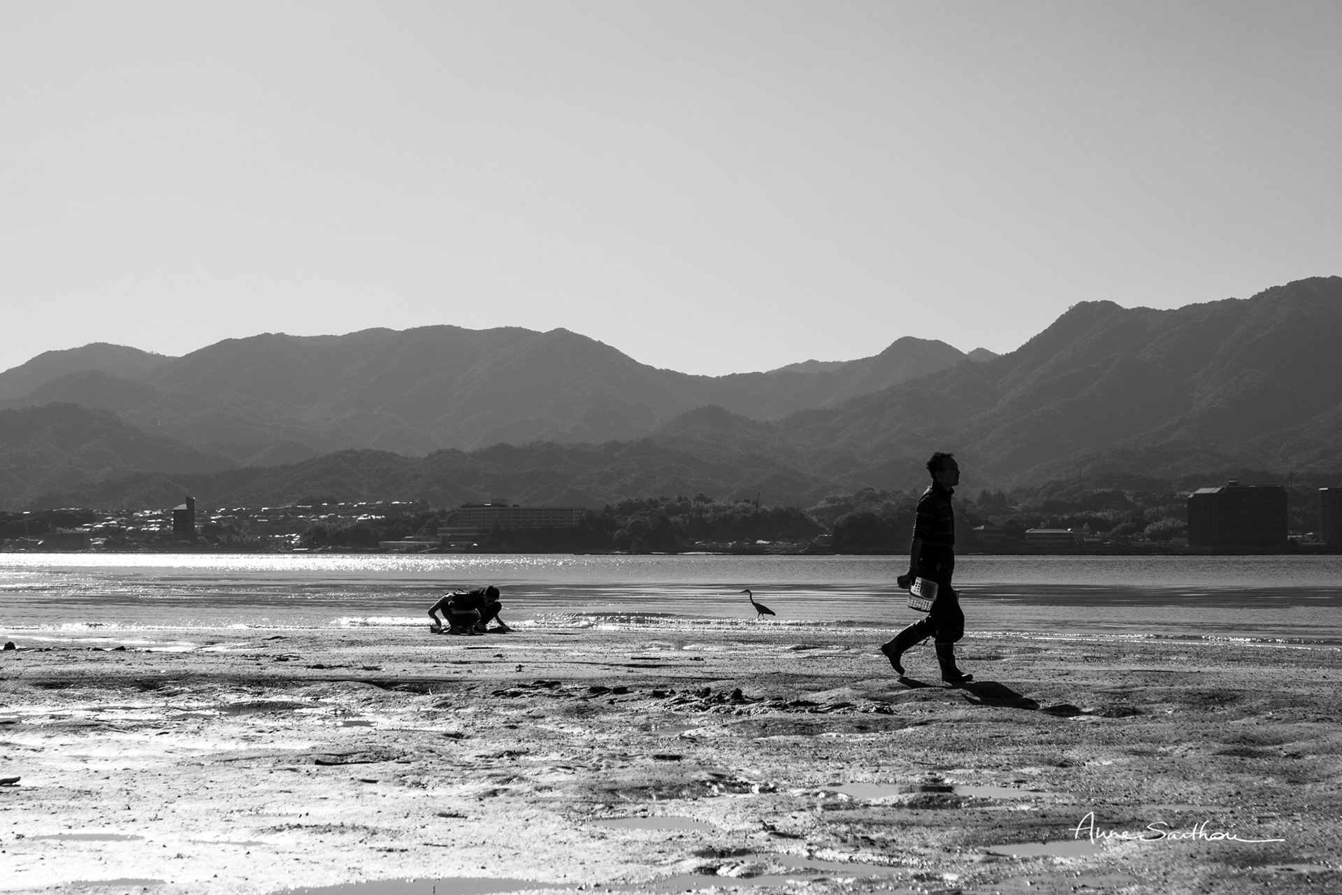 La femme assise, le héron et l'homme qui marche