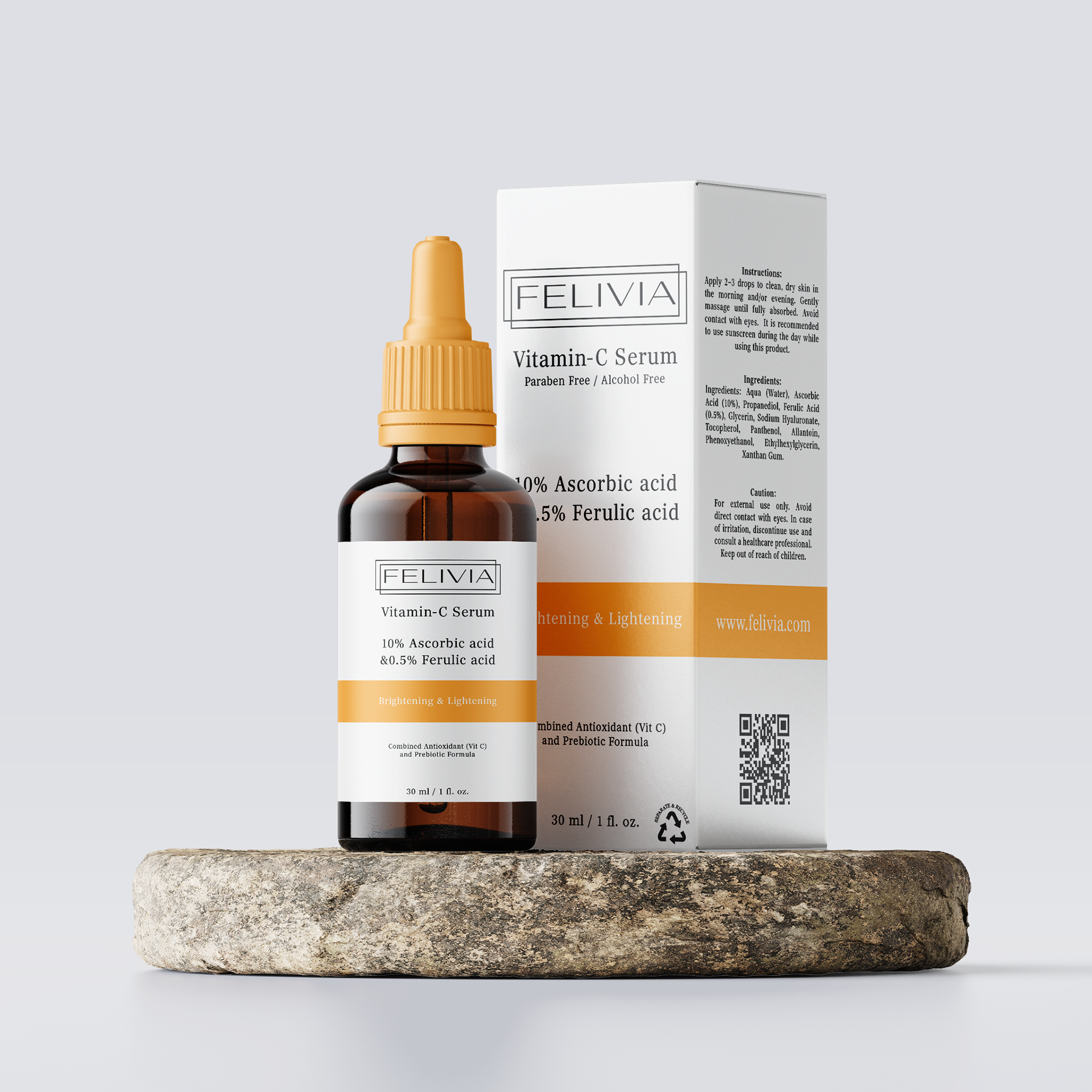 Minimalist and clinical packaging design for Felivia’s Vitamin C Serum, emphasizing clarity and modern elegance.