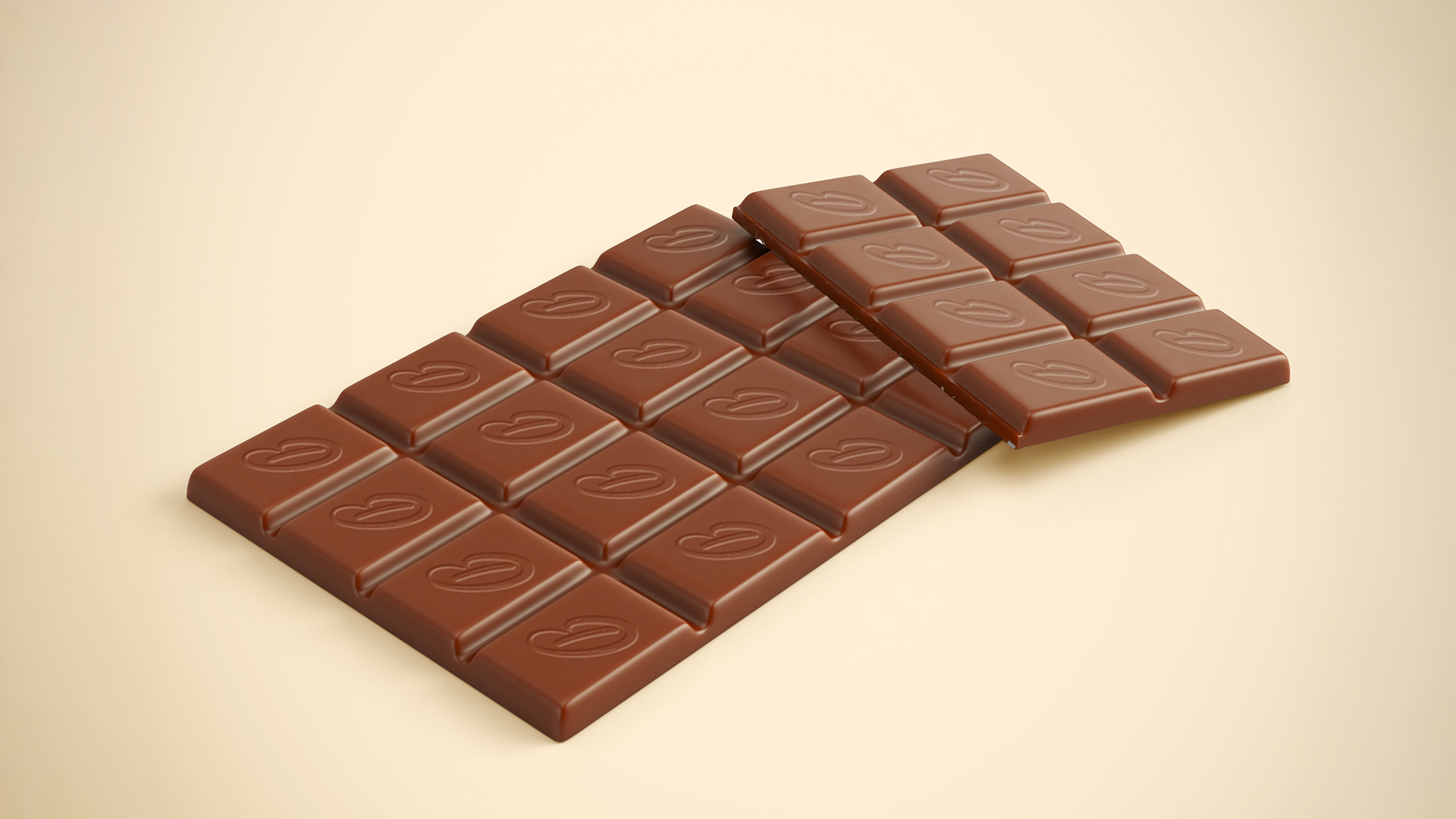 Detail-focused render of Dolchetta’s milk chocolate, highlighting the engraved iconography on each square.