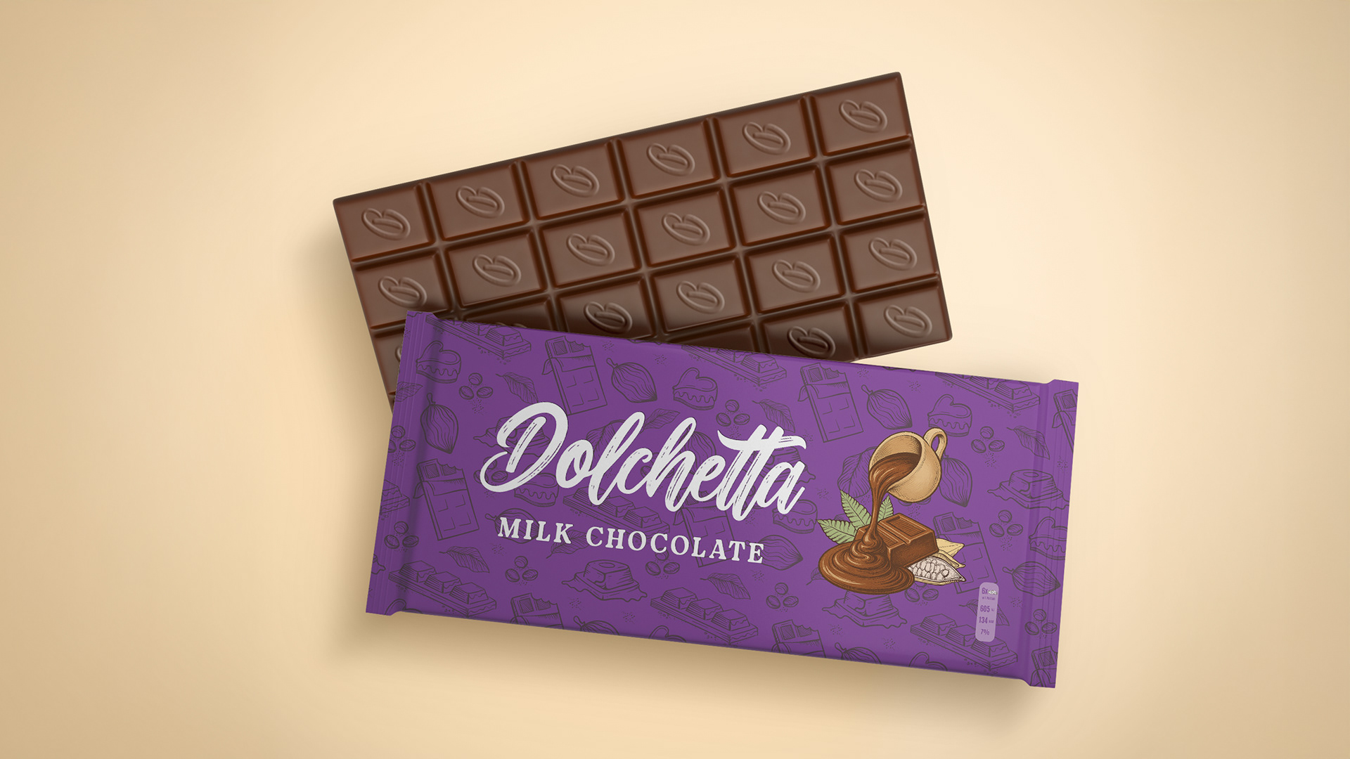 Product visualization showcasing both the outer packaging and the chocolate bar with custom-embossed cocoa bean details.