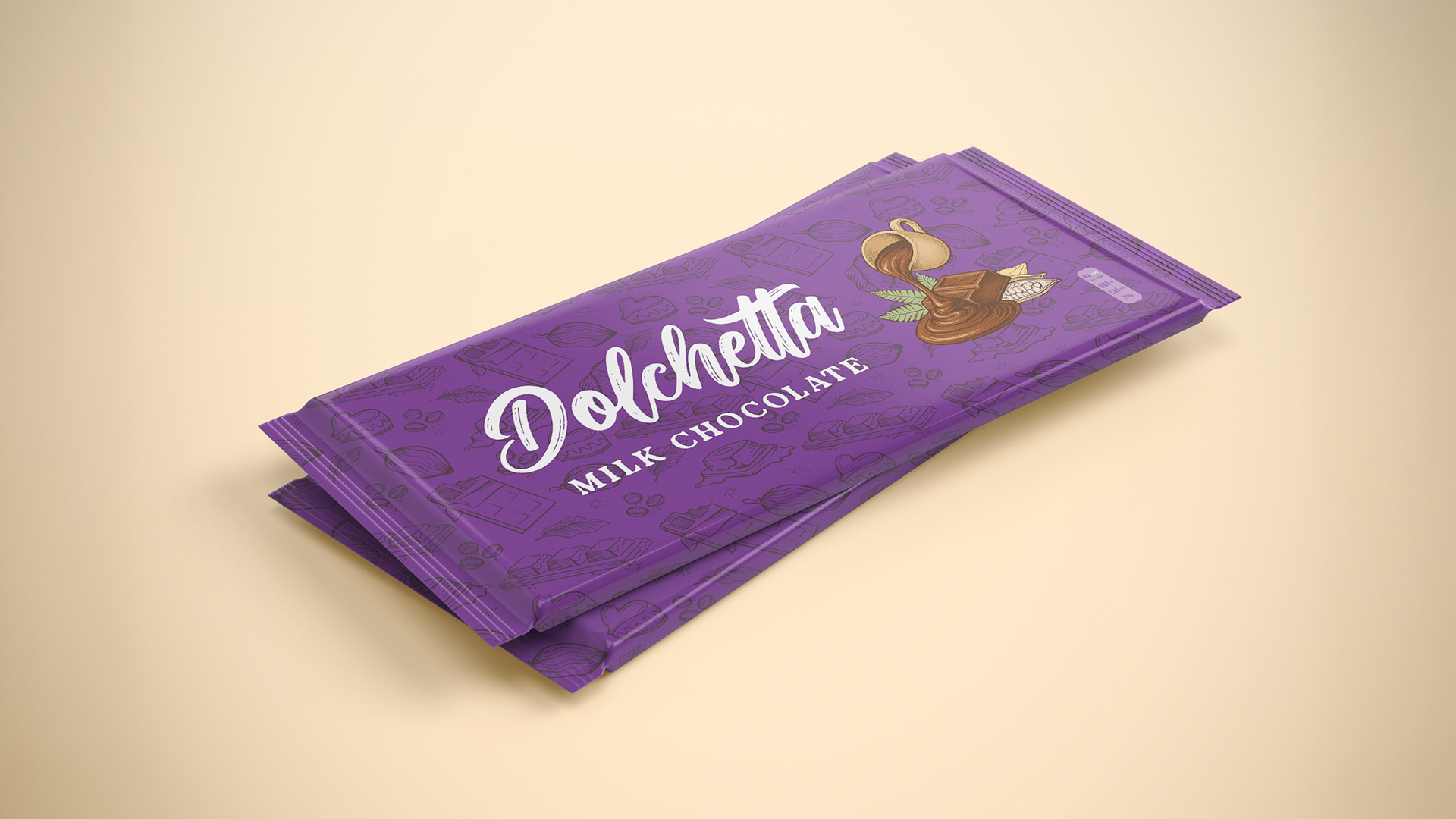A bold and playful wrapper design for Dolchetta Milk Chocolate, featuring hand-drawn illustrations and a vibrant color palette.