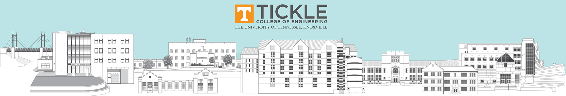 University of Tennessee Tickle College of Engineering Banner with Illustrations of the Engineering Campus Buildings. Mounted in the College of Engineering Skybox in Neyland Stadium. 10'. Adobe Illustrator
