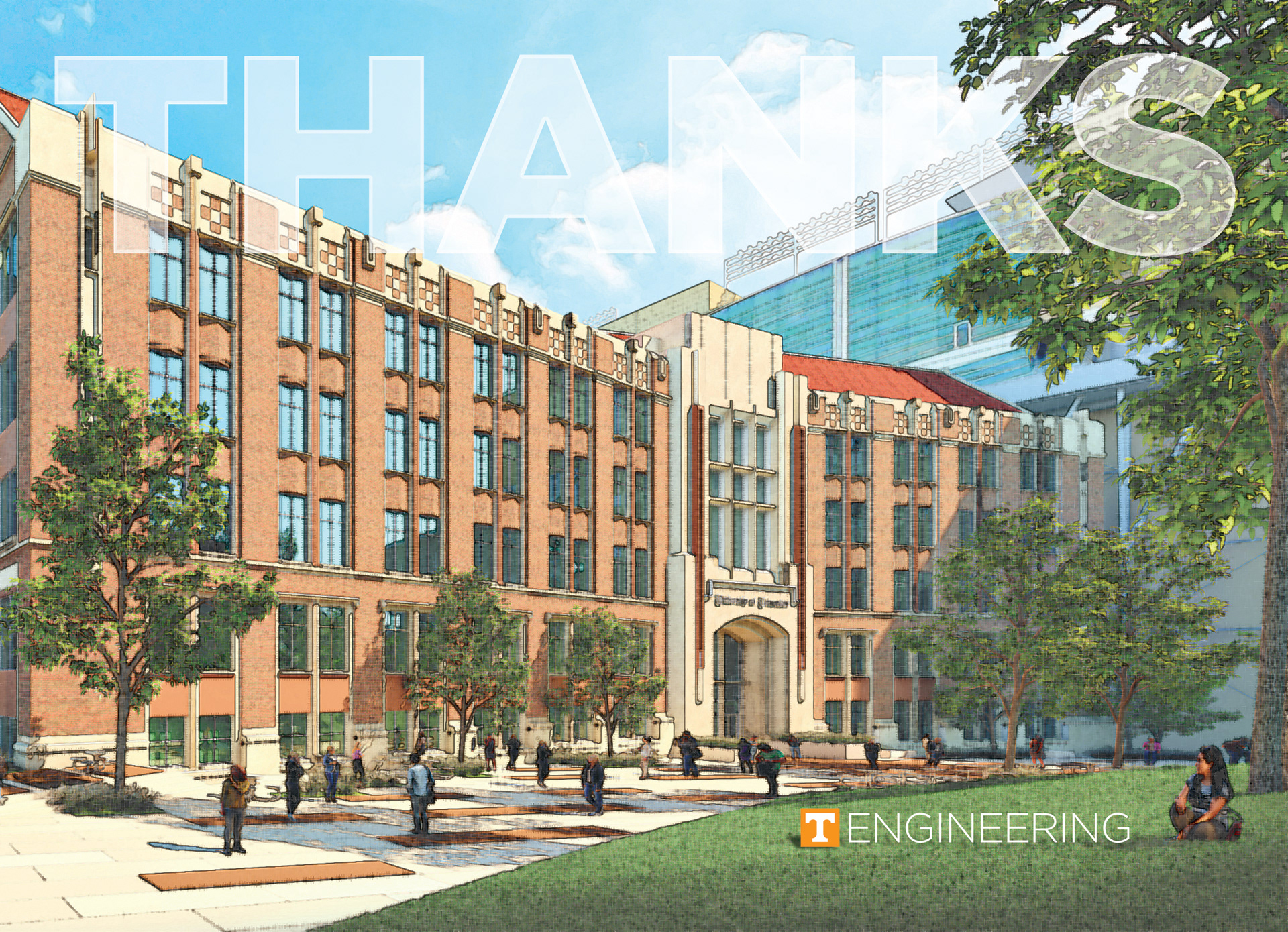  5" x 7" Note Cards featuring the University of Tennessee Tickle College of Engineering's new engineering complex, students and engineering professors. Photoshop & Illustrator