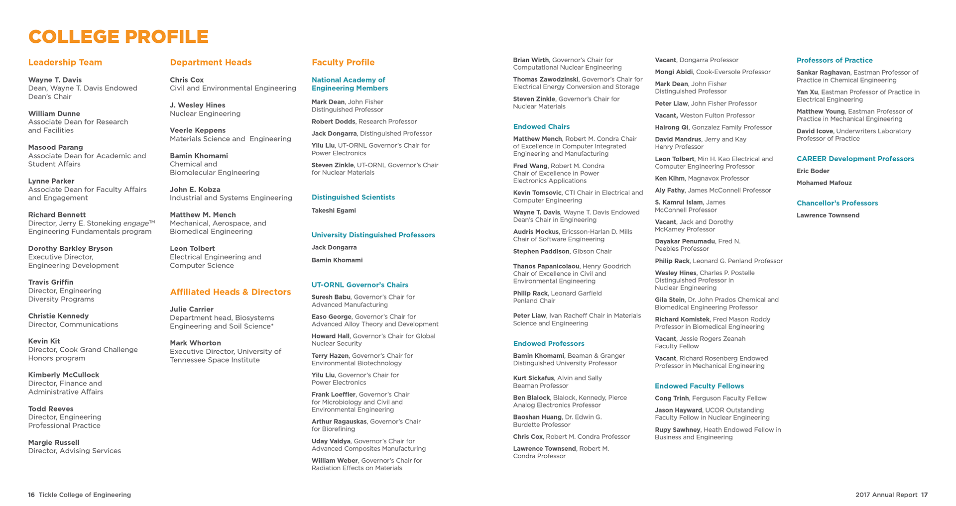 University of Tennessee Tickle College of Engineering 2017 Annual Report. p16-17