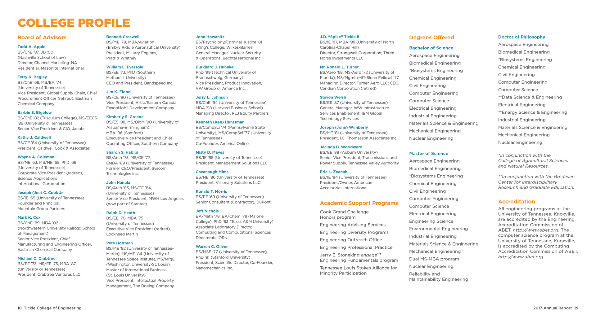 University of Tennessee Tickle College of Engineering 2017 Annual Report. p-18-19