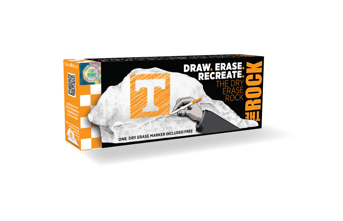 Package design for The University of Tennessee Dry Erase Rock. Adobe InDesign, Photoshop, & Illustrator.
