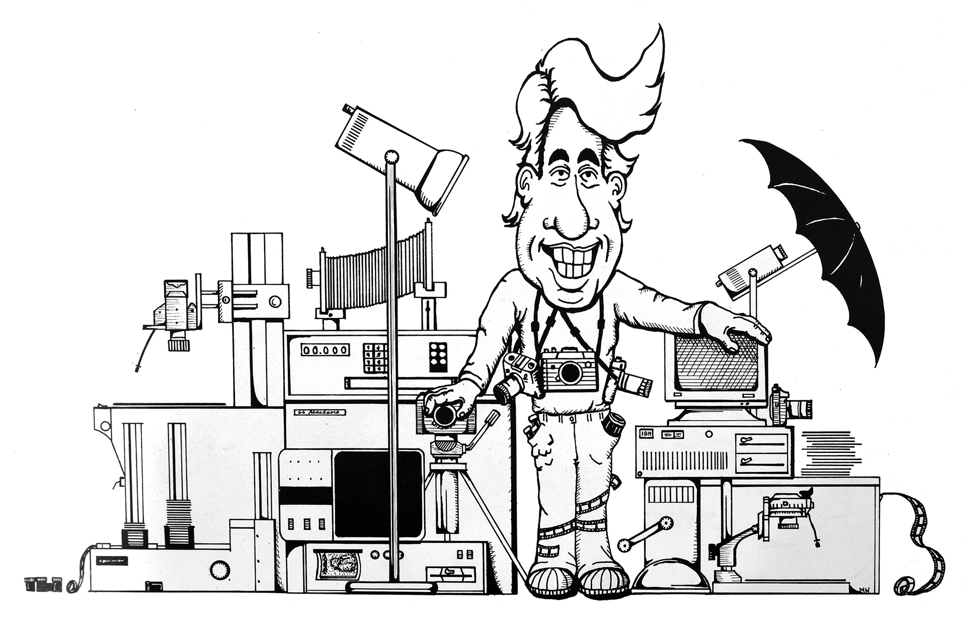 Pen & Ink Cartoon Photographer in a Photo Lab