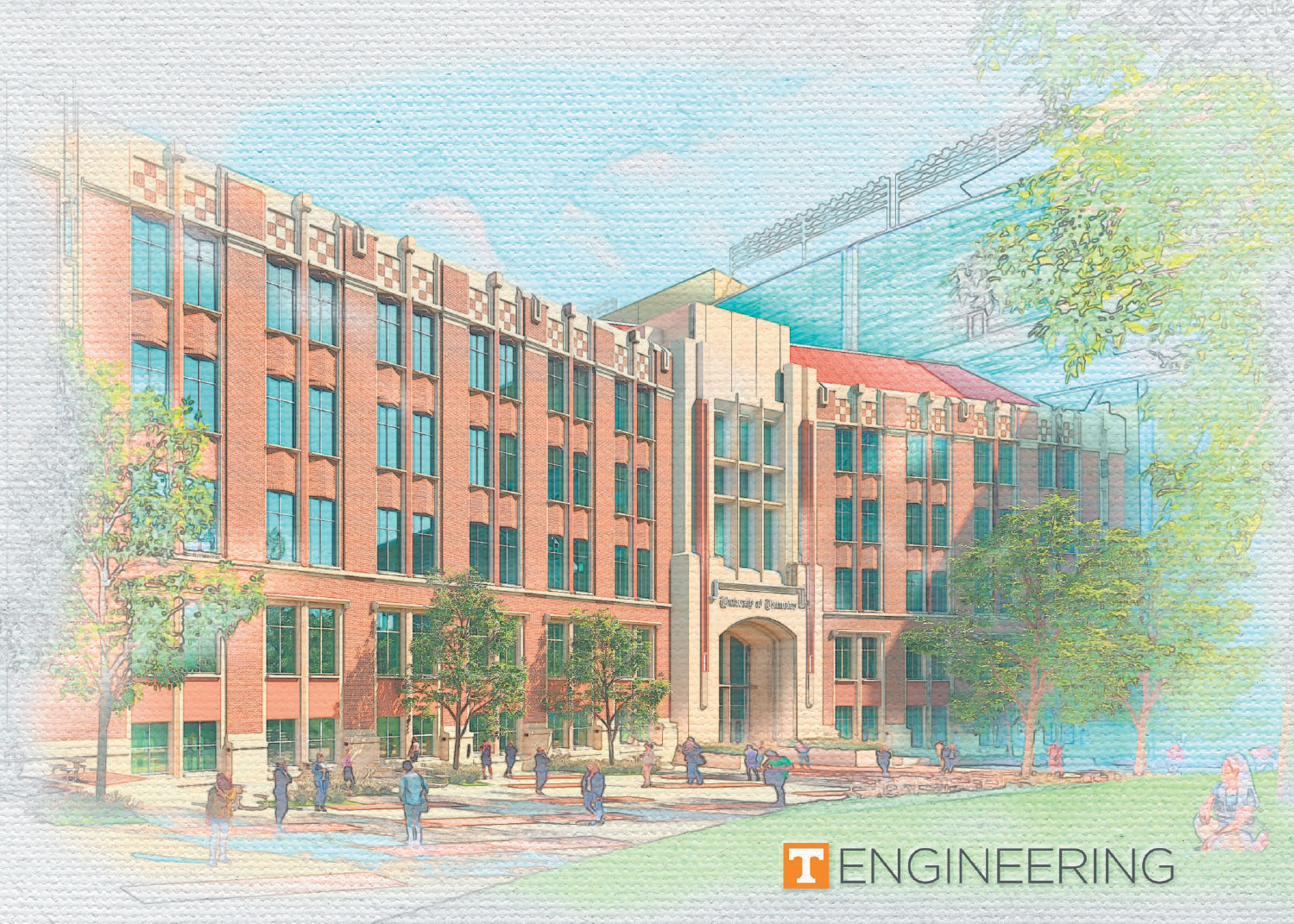  5" x 7" Note Cards featuring the University of Tennessee Tickle College of Engineering's new engineering complex, students and engineering professors. Photoshop & Illustrator