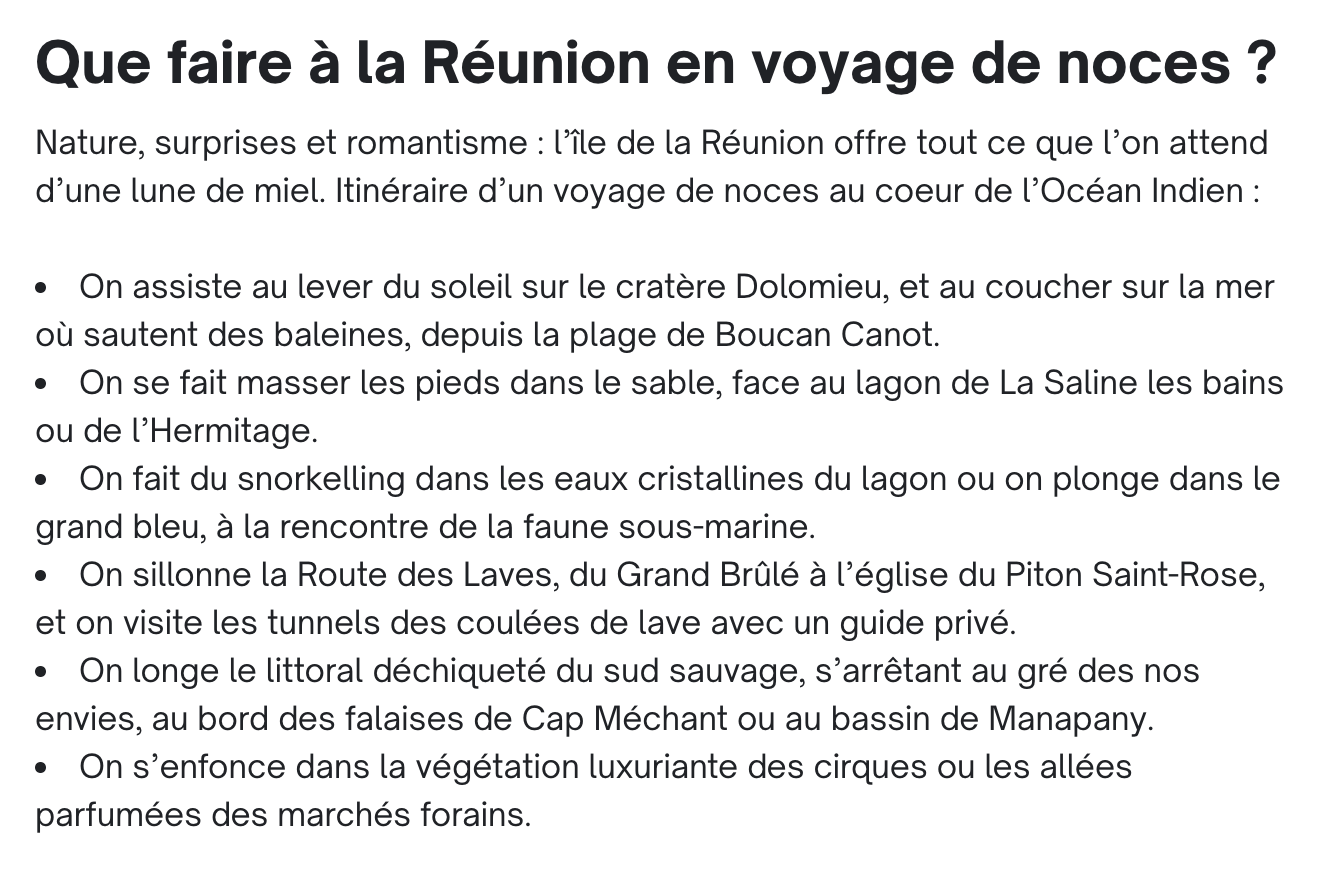 Voyage de noces à la Réunion • Contenu SEO