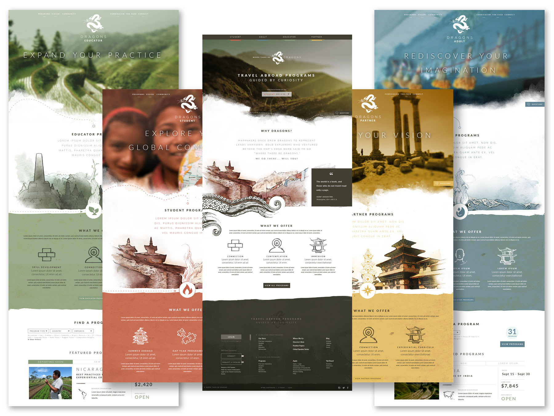 Design comps of landing pages for website that houses 4 different departments, offering over 100 international travel programs between them.