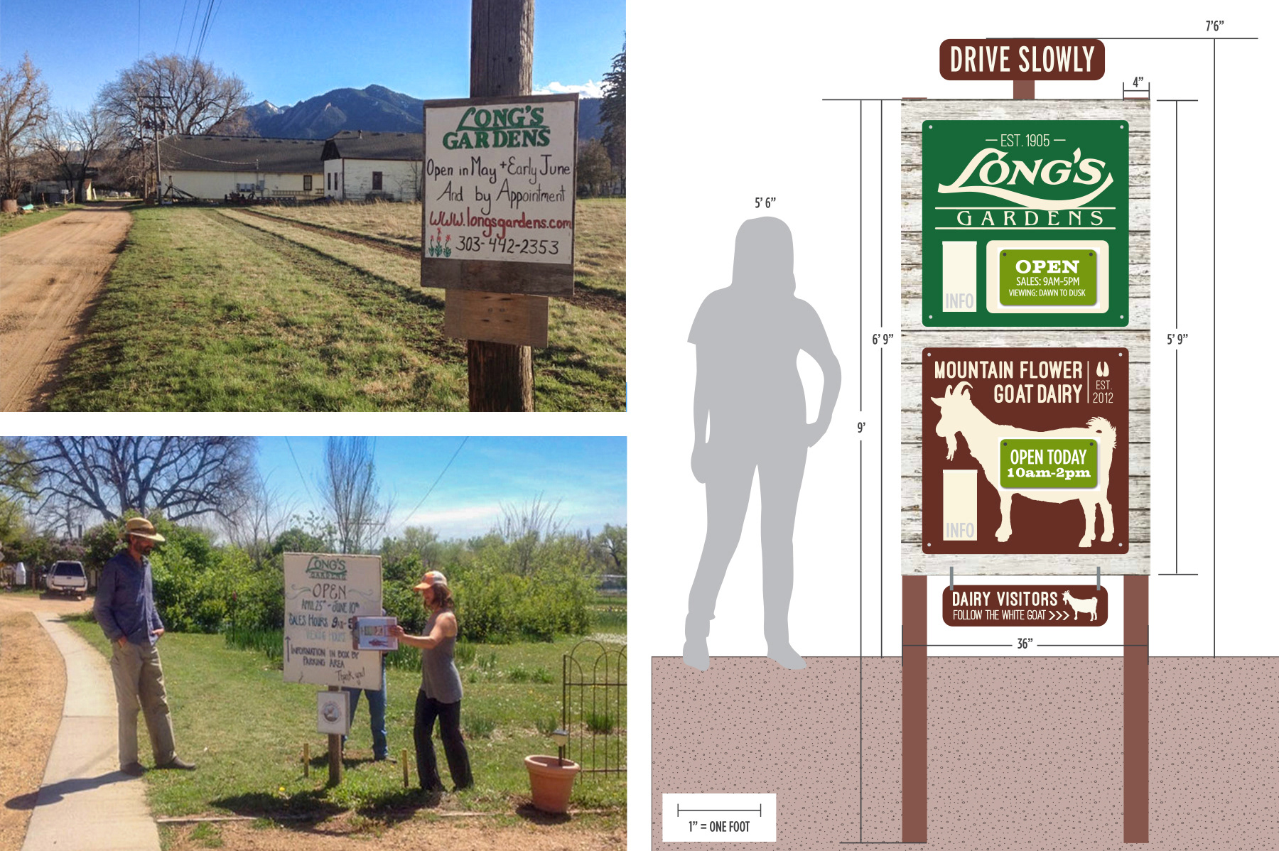 Entry sign research and design for Longs Gardens and Mountain Flower Goat Dairy in Boulder, Colorado.