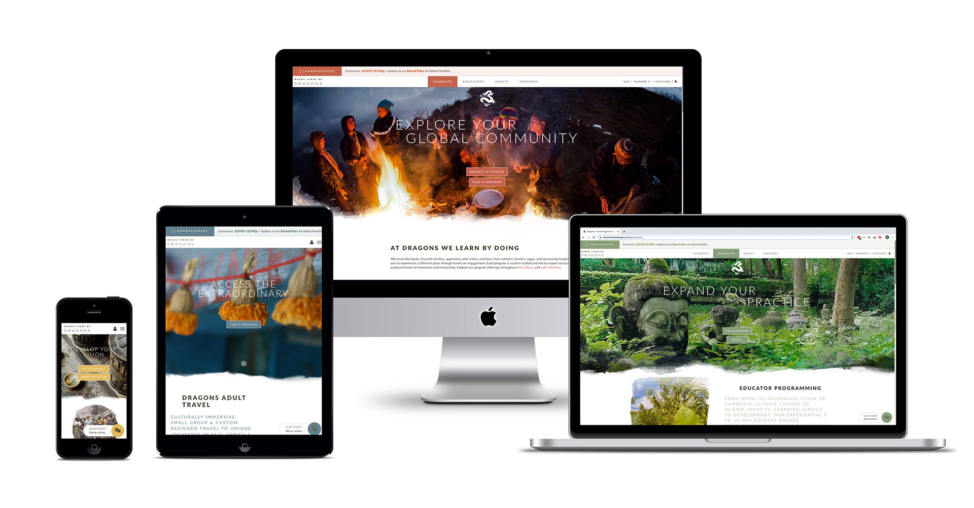 Final landing pages of the four different departments differentiated by color and imagery themes (gold/metal, blue/water, red/fire, green/wood.)