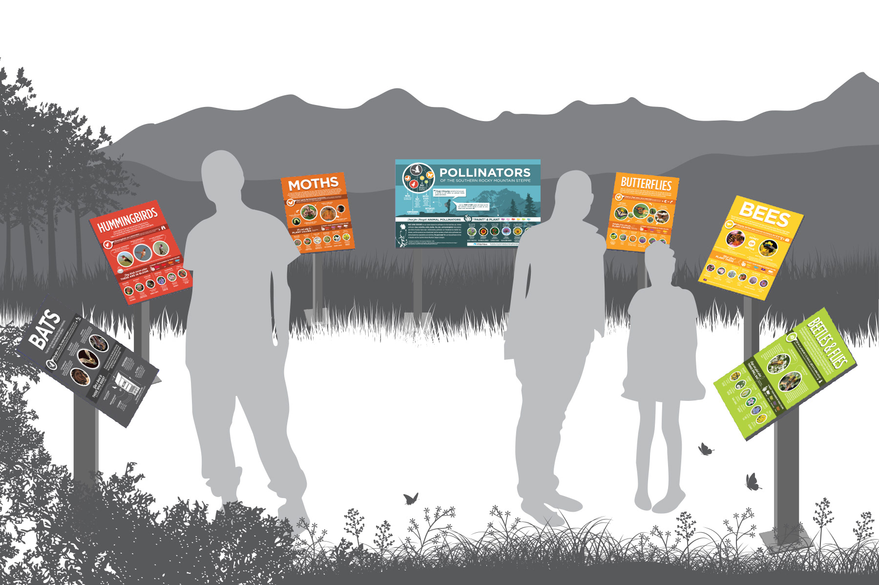 Interpretive signage design for new pollinator garden exhibit at Growing Gardens in Boulder, Colorado.