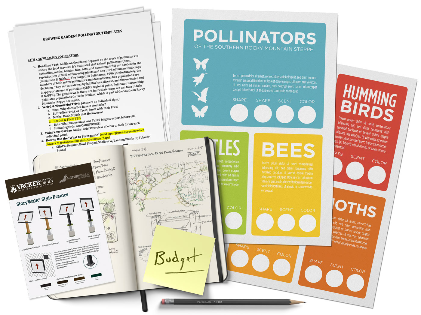 Initial design process includes site visit notes, budget & supply considerations, a copywriting review, and suggested colors/layouts/typography.