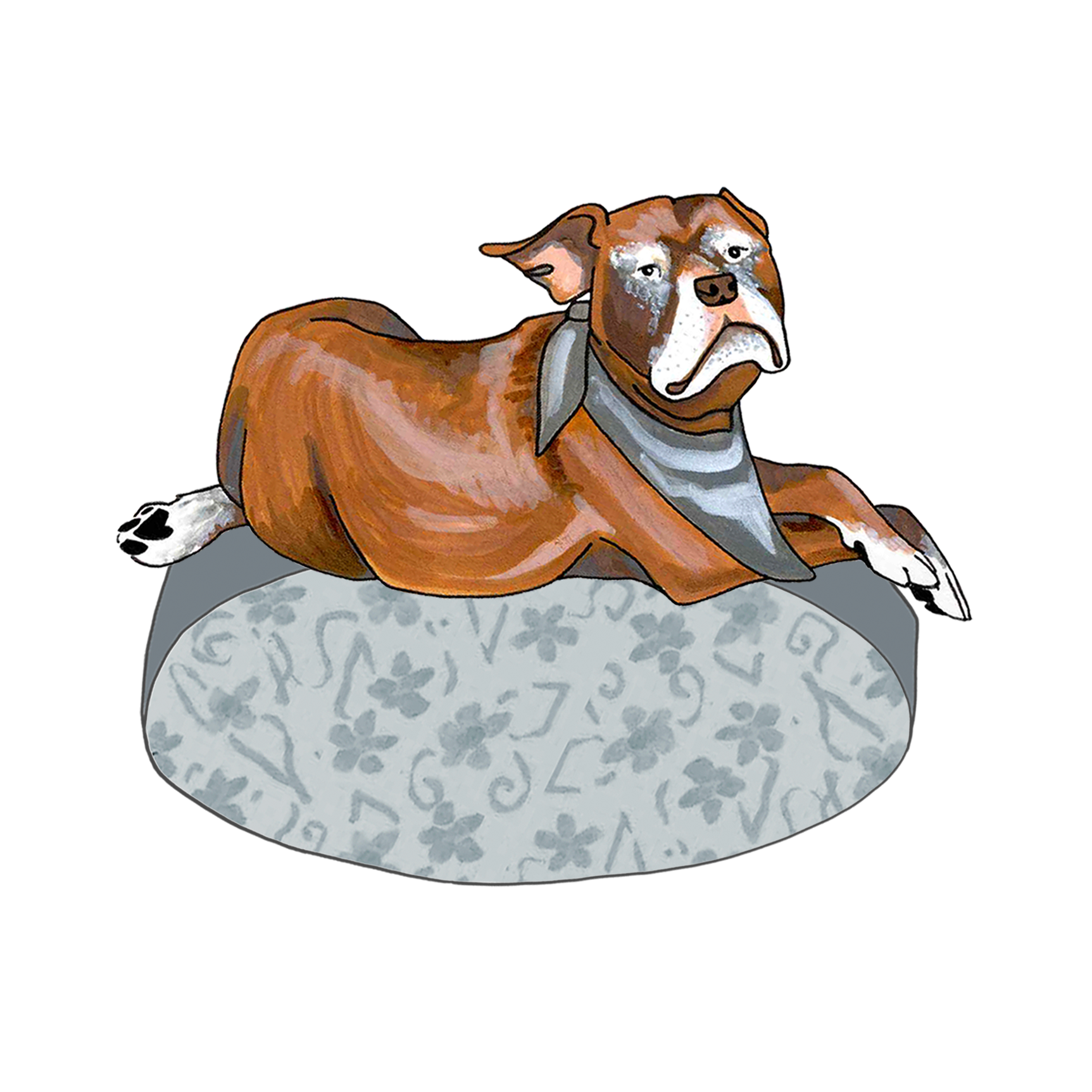 Calypso poses on a gray floral oval.