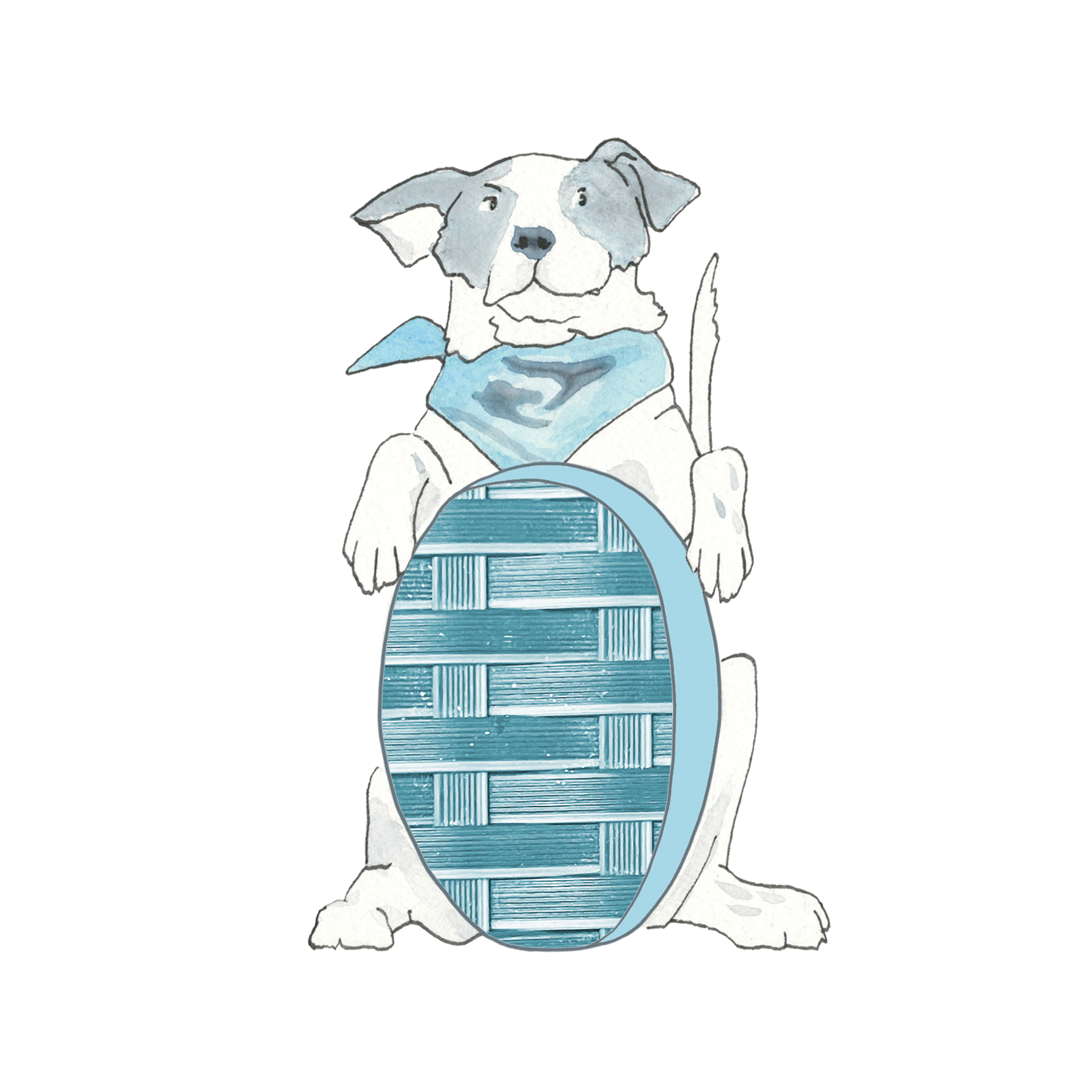 Milo begs behind a woven blue oval.