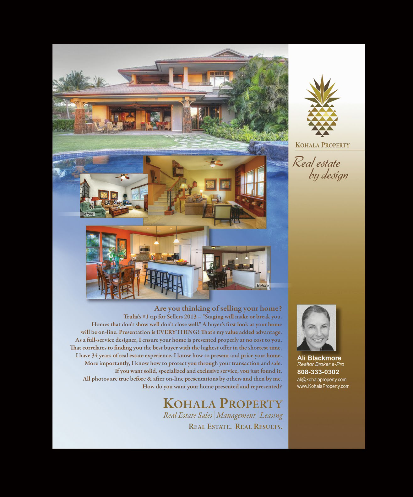 Full page publication ad for Hawaii realtor.