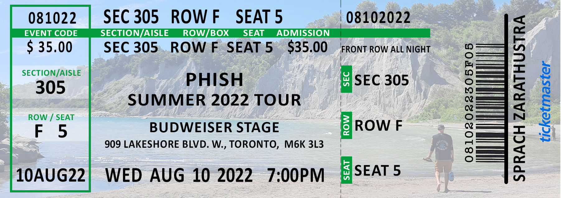 Graphic design of Phish digital concert ticket, background photo provided by client.