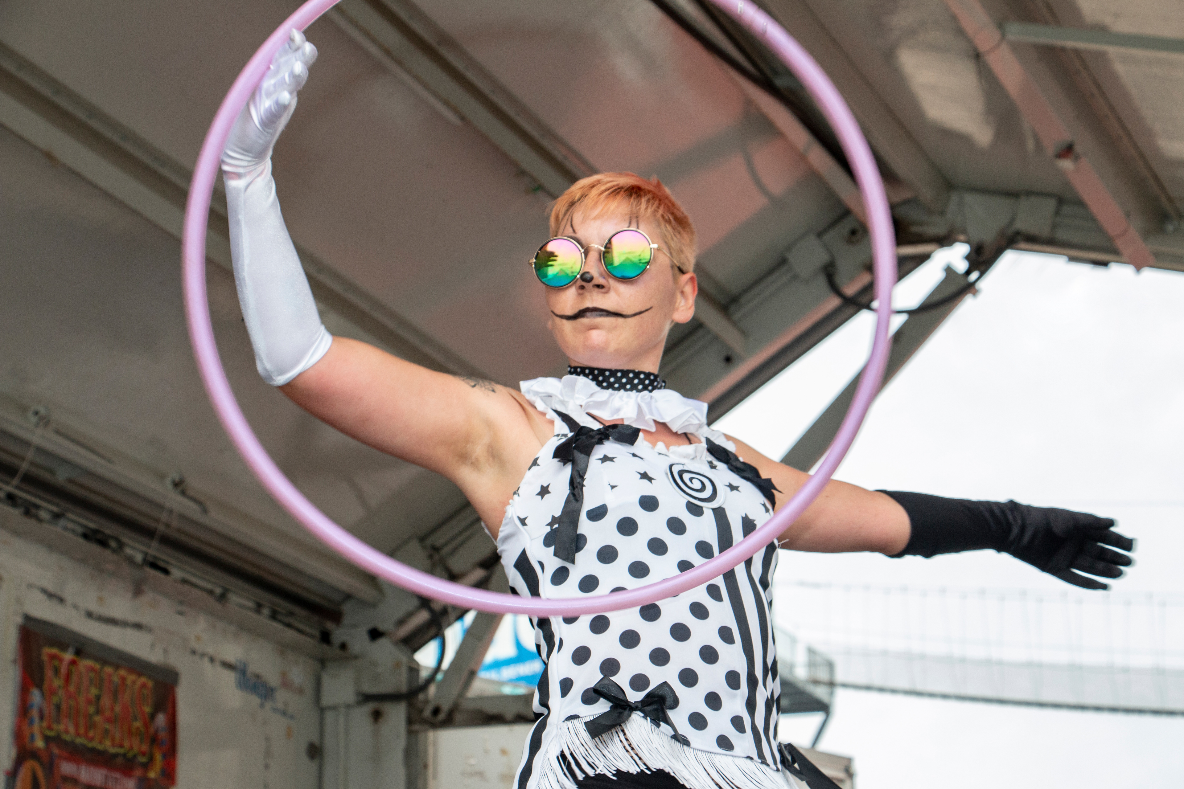 Roving actor/hoop artist at Music Is Art, Riverworks, Buffalo NY.