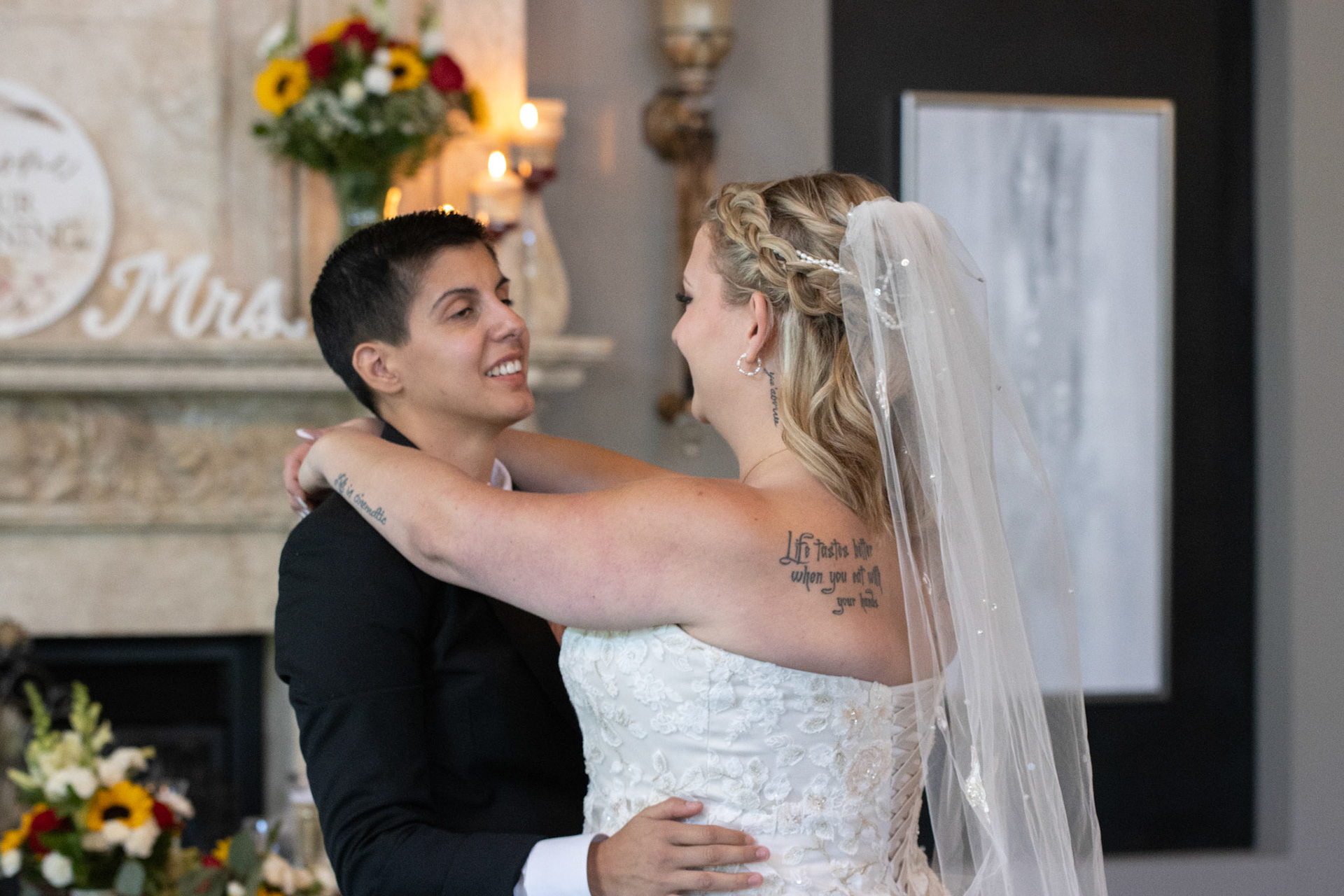 Wedding at Avanti Mansion, Hamburg, NY, bride & bride.
