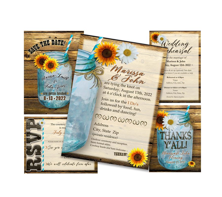 Graphic design custom wedding Invitation, RSVP, Thank You, Save the Date, Rehearsal cards.