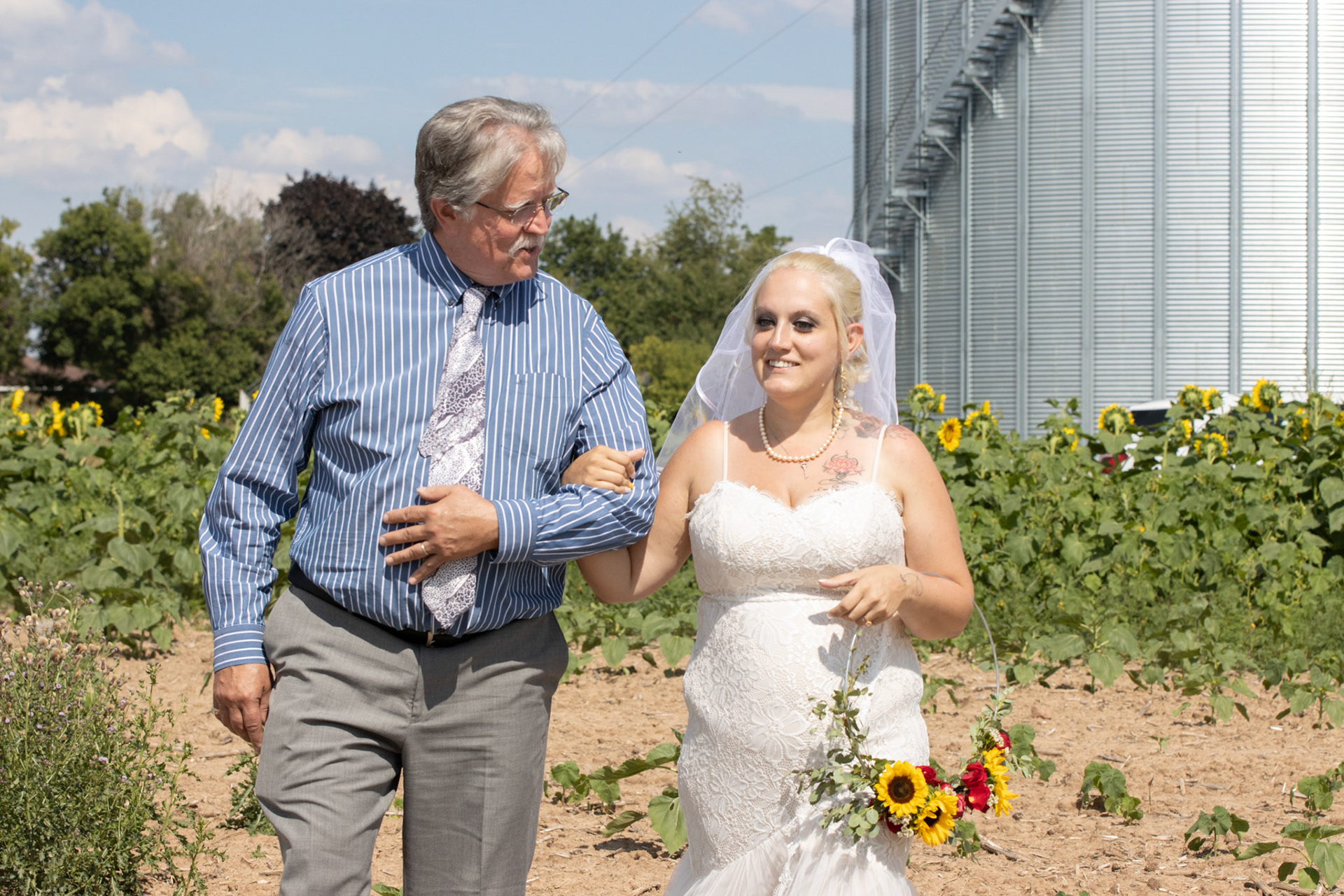 Wedding ceremony, Sunflowers of Sanborn, NY, bride & father.