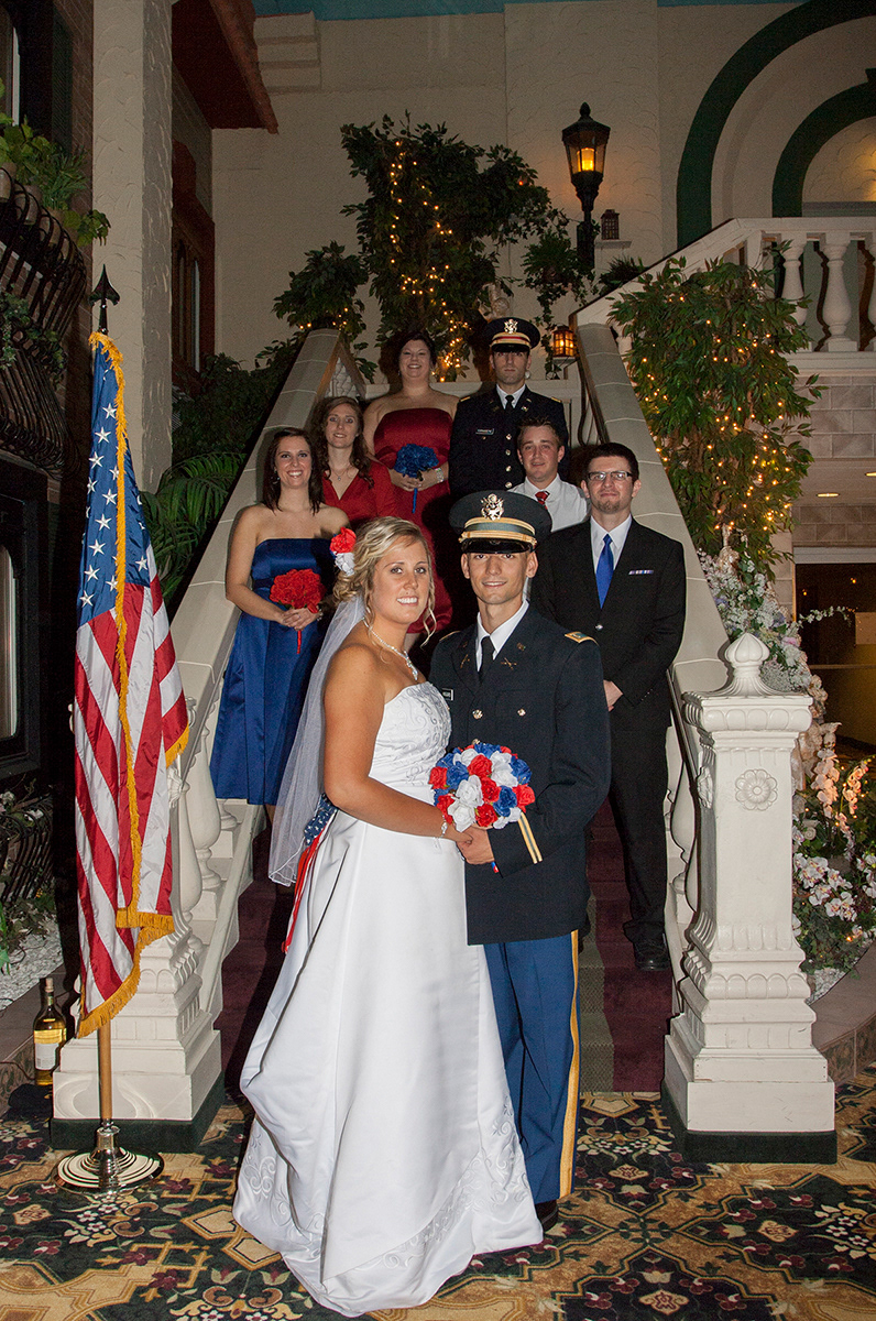 Wedding in Williamsville, NY, serviceman and bride, party.