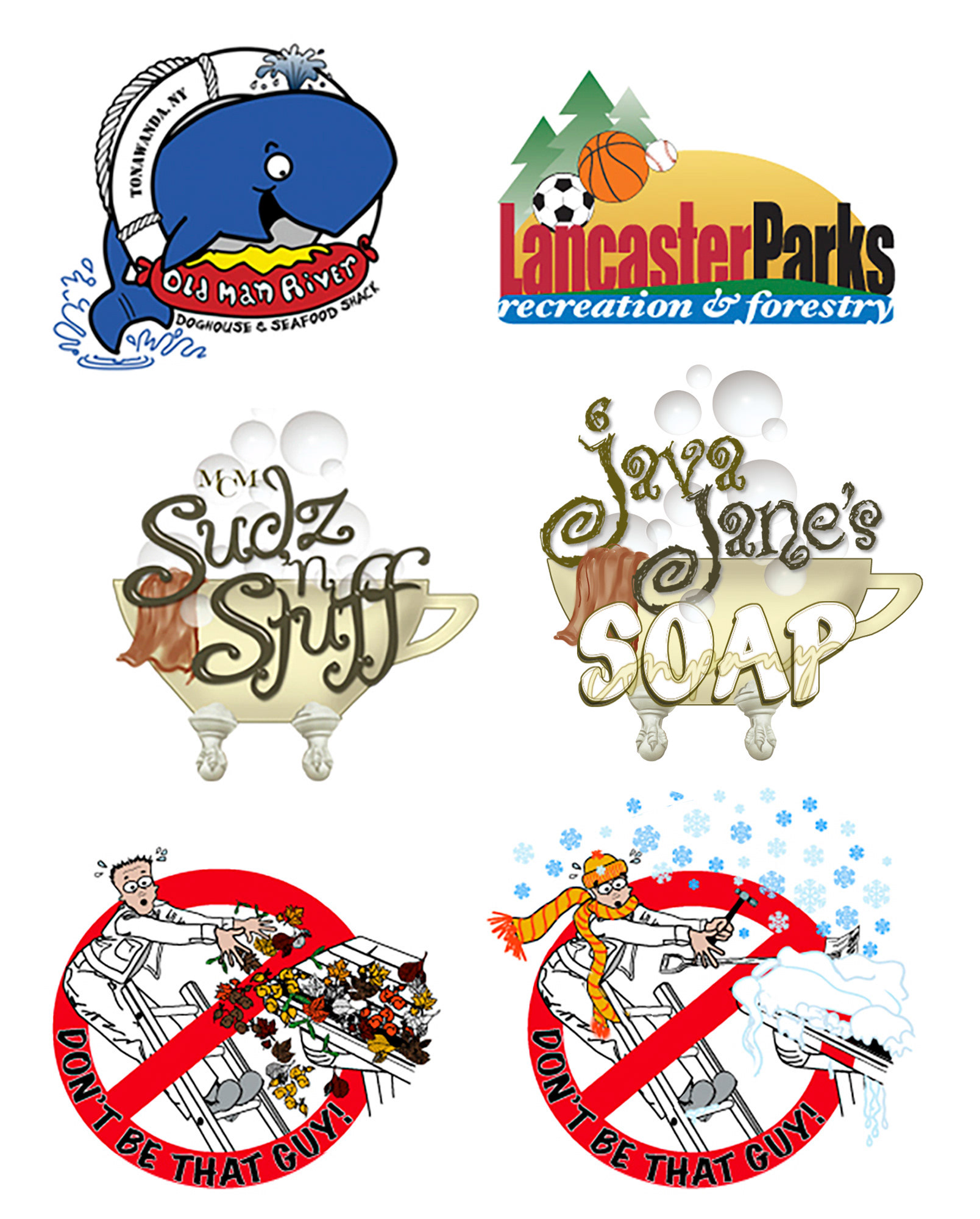 Logo designs for Old Man River Restaurant in Tonawanda, NY; Lancaster Parks Recreation & Forestry; MCM Sudz n Stuff / Java Jane's in Florida; The Gutter People, Depew, NY.