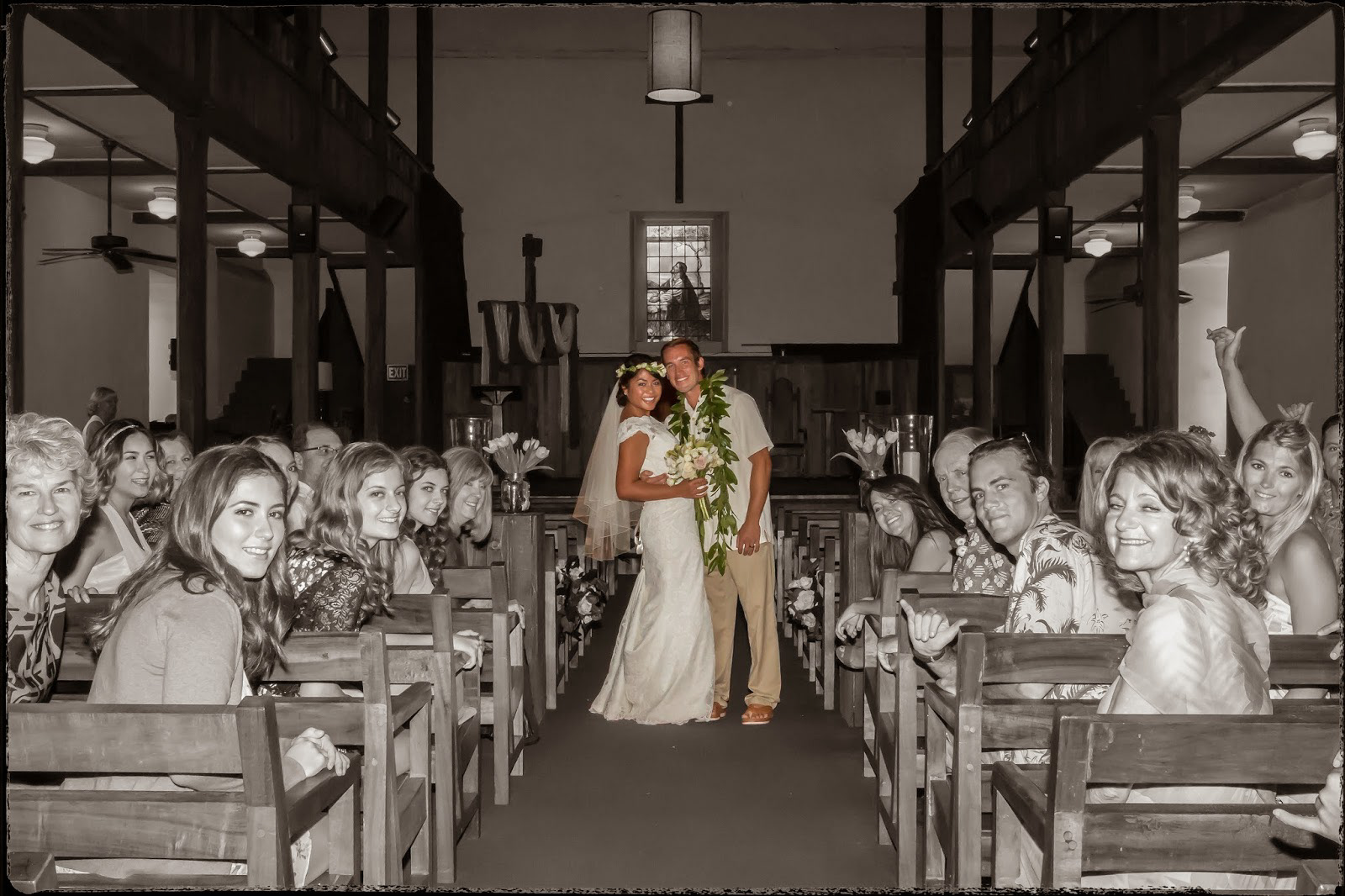 Wedding ceremony Hawaii, very dark historic church.