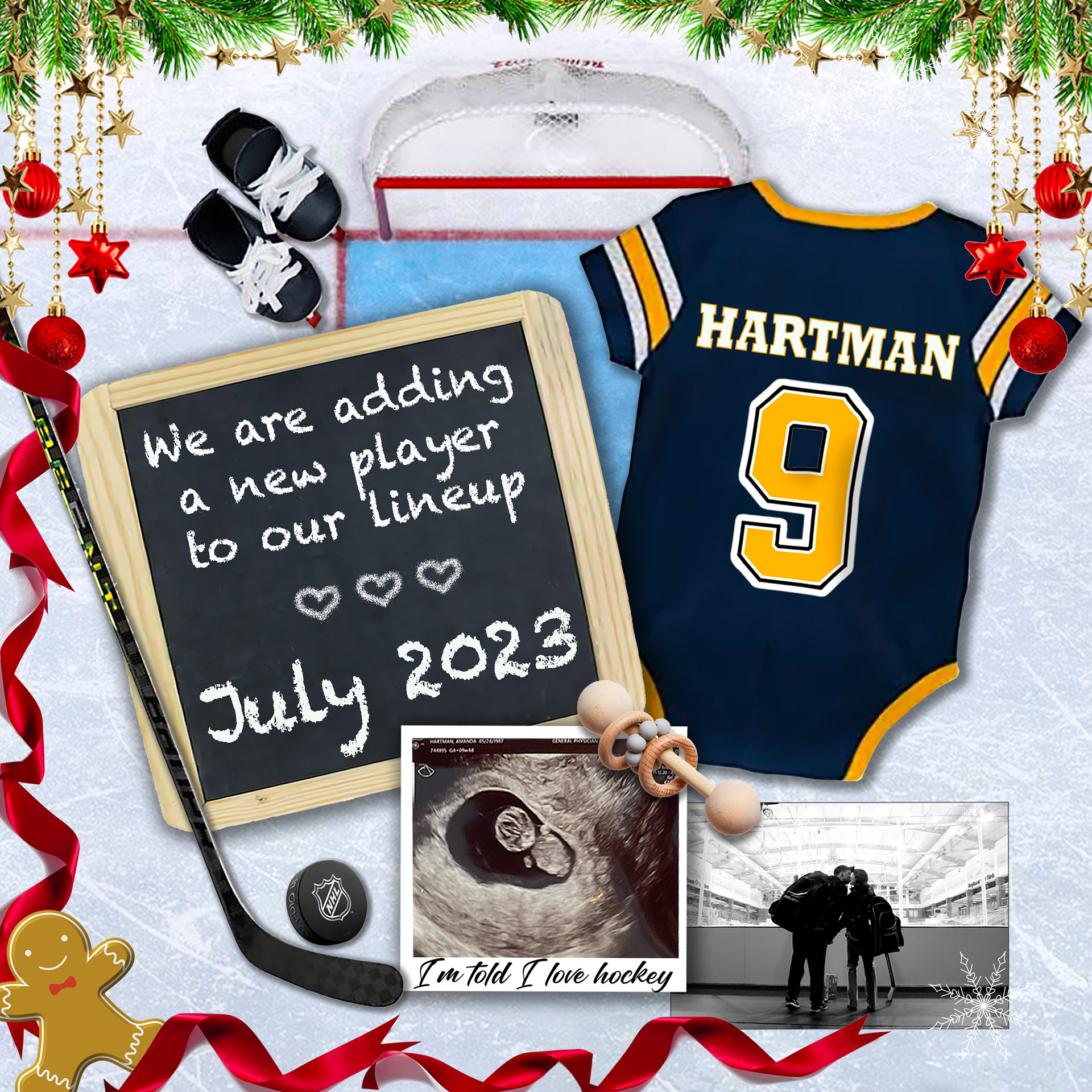 Hockey theme, custom created baby announcement, released at Christmas time.