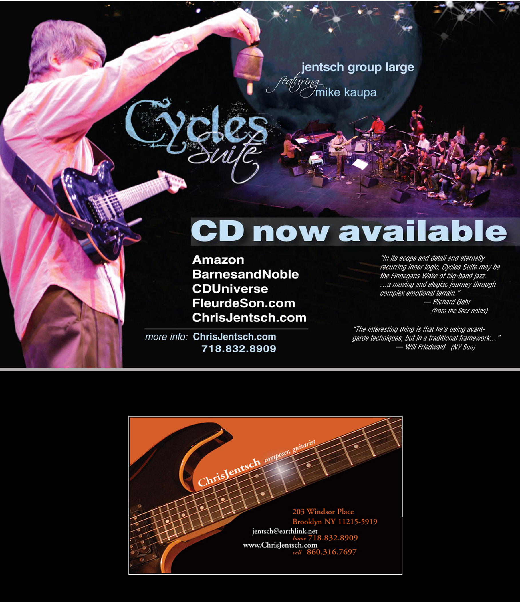 Graphic design for Chris Jentsch Cycles Suite music CD launch, and business card. Fleur de Son artist.
