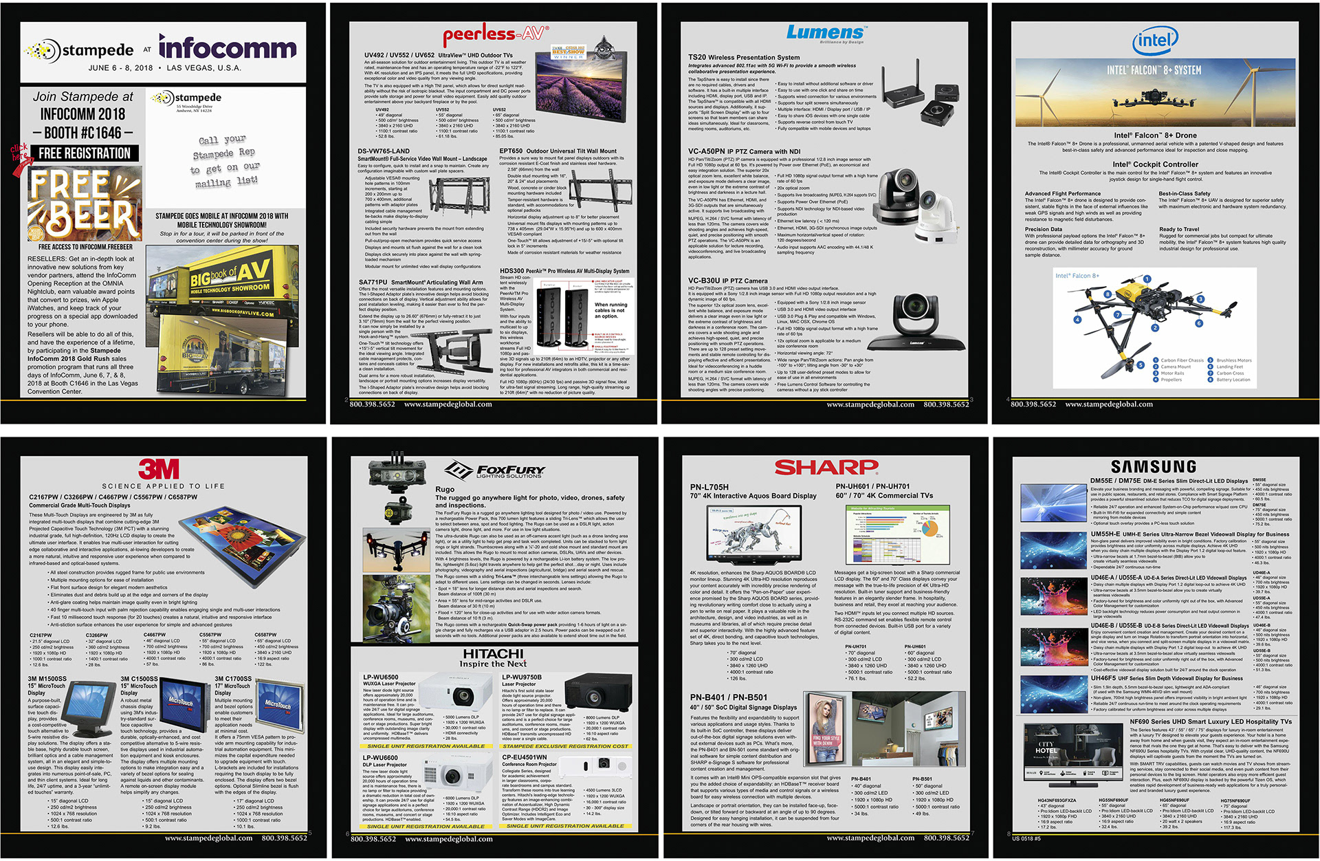 8.5 x 11 catalog / self-mailer pages for Stampede Presentation Products, InfoComm edition.