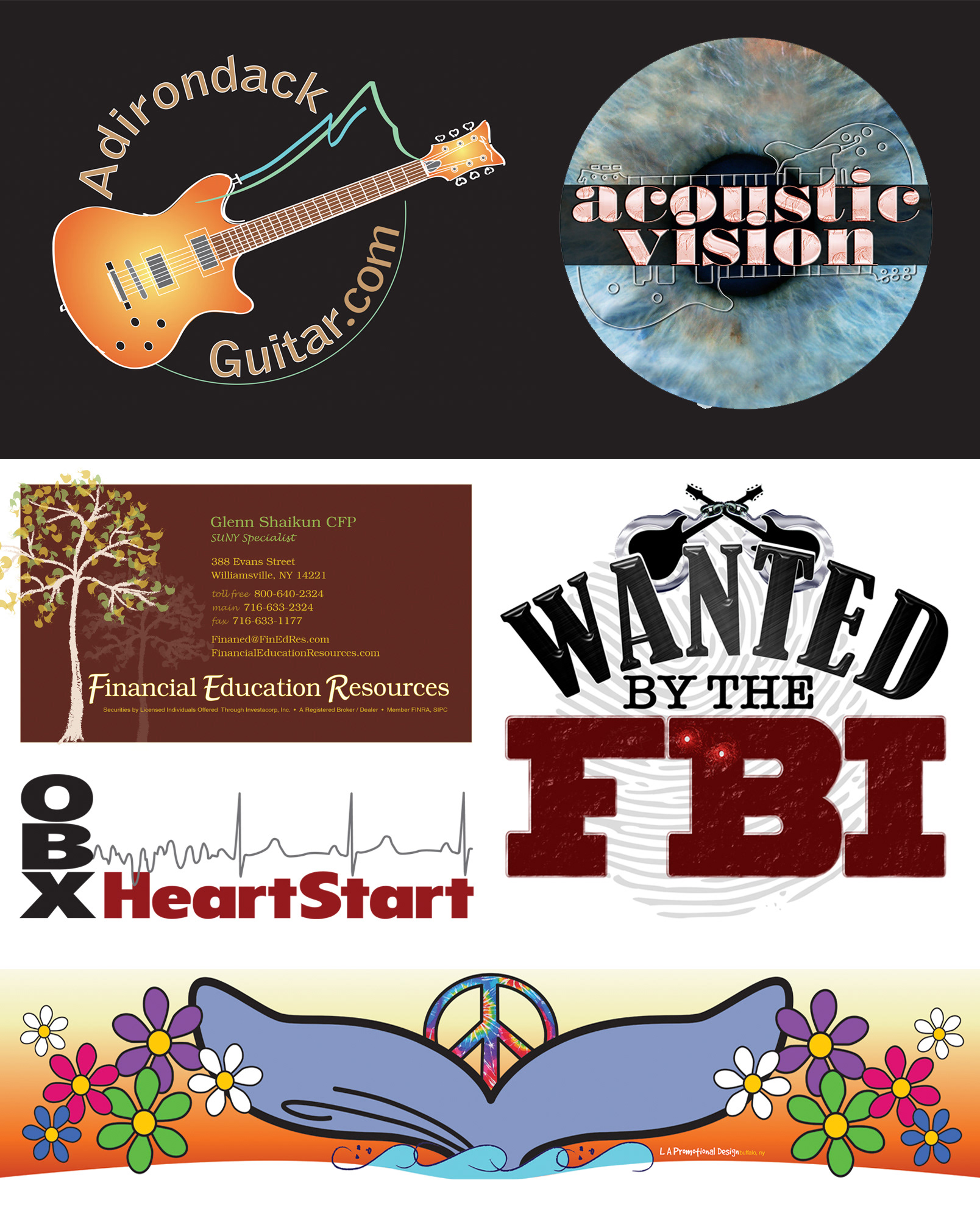 Logo designs for Adirondack Guitar, NY; Acoustic Vision, Lockport, NY; logo and card design for FER, Williamsville, NY; Wanted by the FBI rock/blues band, Buffalo NY; OBX Heart Start medical training; back window design for my first hybrid vehicle.