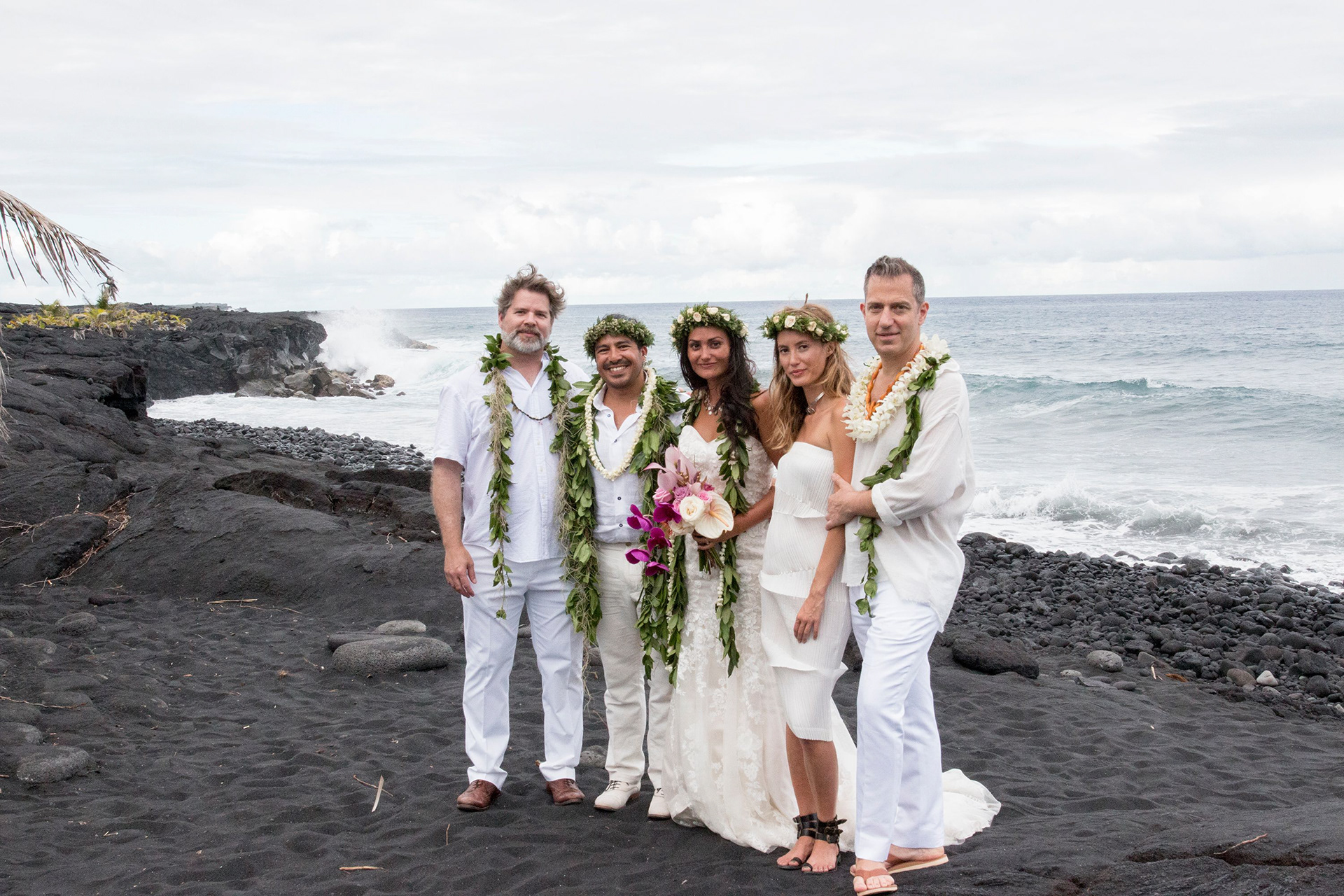 After wedding Hawaii, bride, groom, attendants.
