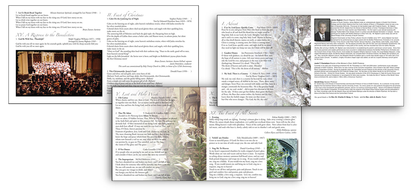 Graphic design for Christmas music CD of local choir in Buffalo, NY church, inside pages. Fleur de Son artist.