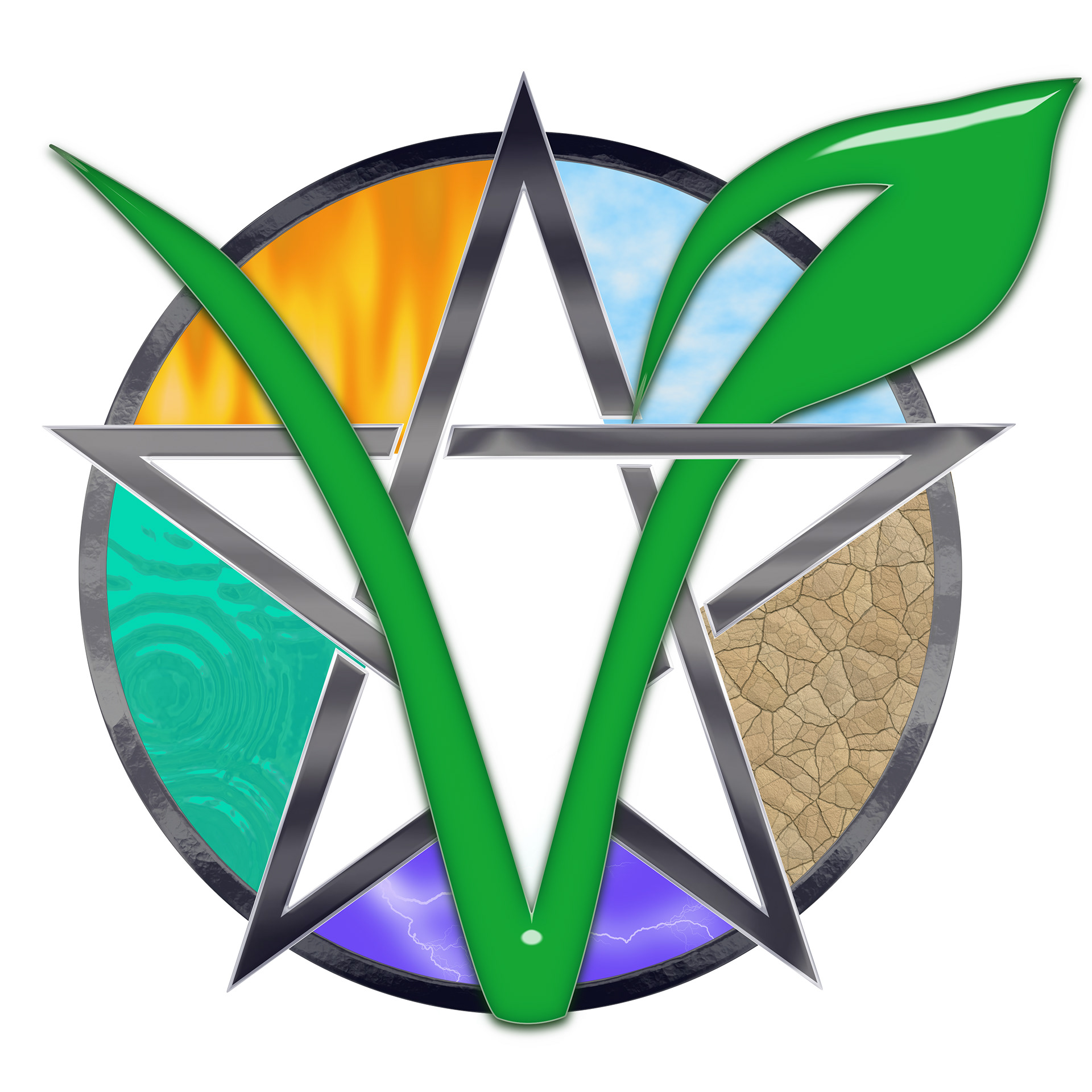 My personal logo design depicting fire, air, water, earth and spirit, wrapped in Vegan for the animals.