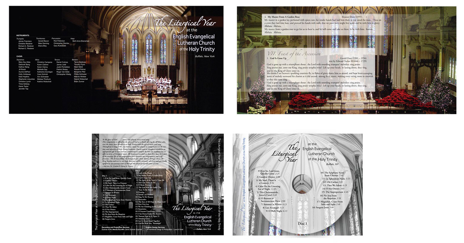 Graphic design for Christmas music CD of local choir in Buffalo, NY church, covers, tray card and label. Fleur de Son artist.