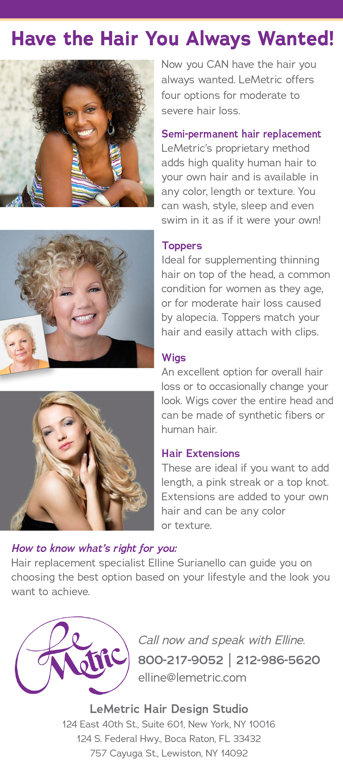 4x9 promo card side 2 for LeMetric Hair Design Studio, handout and mailing.