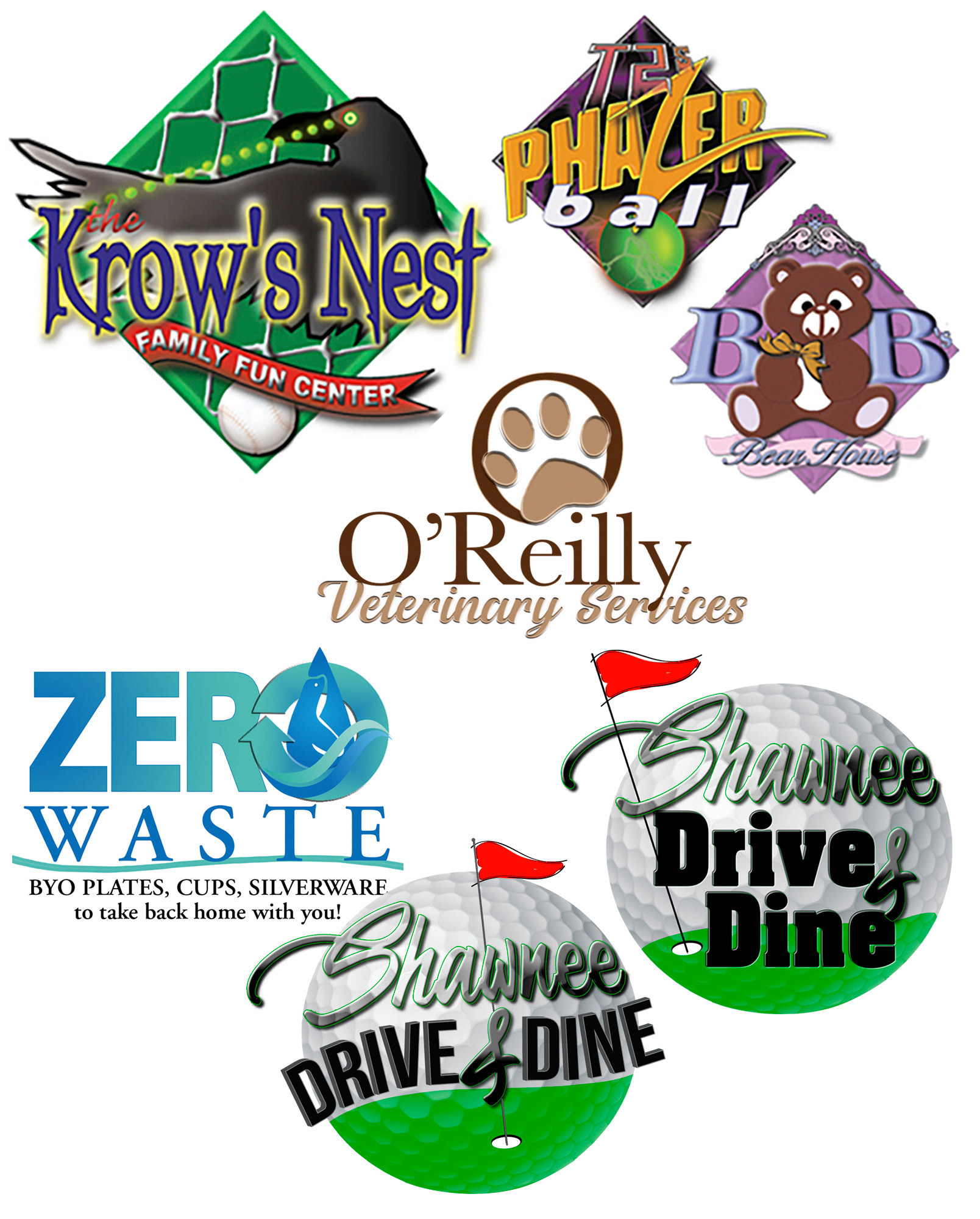 Logo designs created in Illustrator and Photoshop for The Marine Mammal Center, veterinarian. games center, restaurant & golf course.