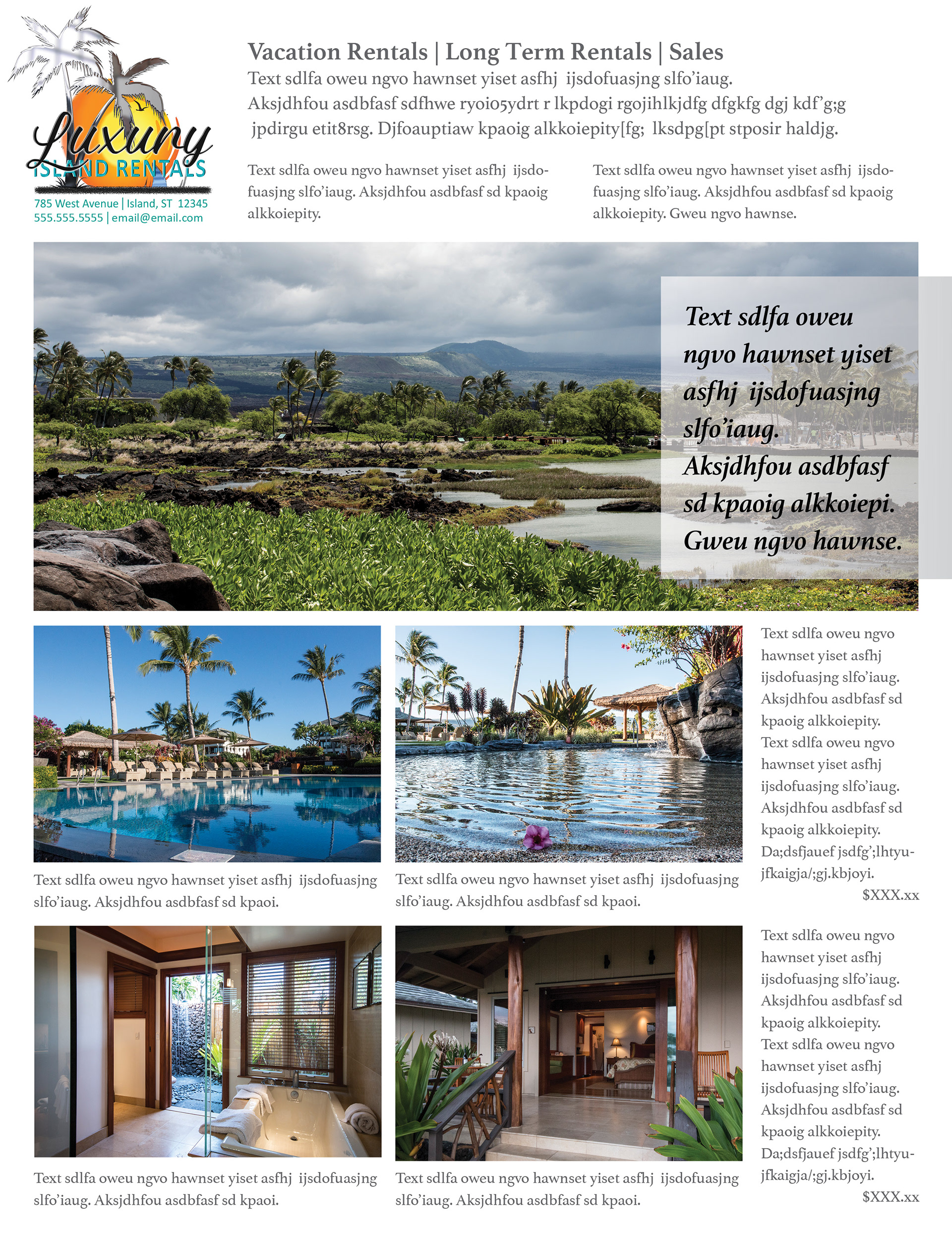 photography of vacation rentals, timeshares, products, complete promotional package, layout design.
