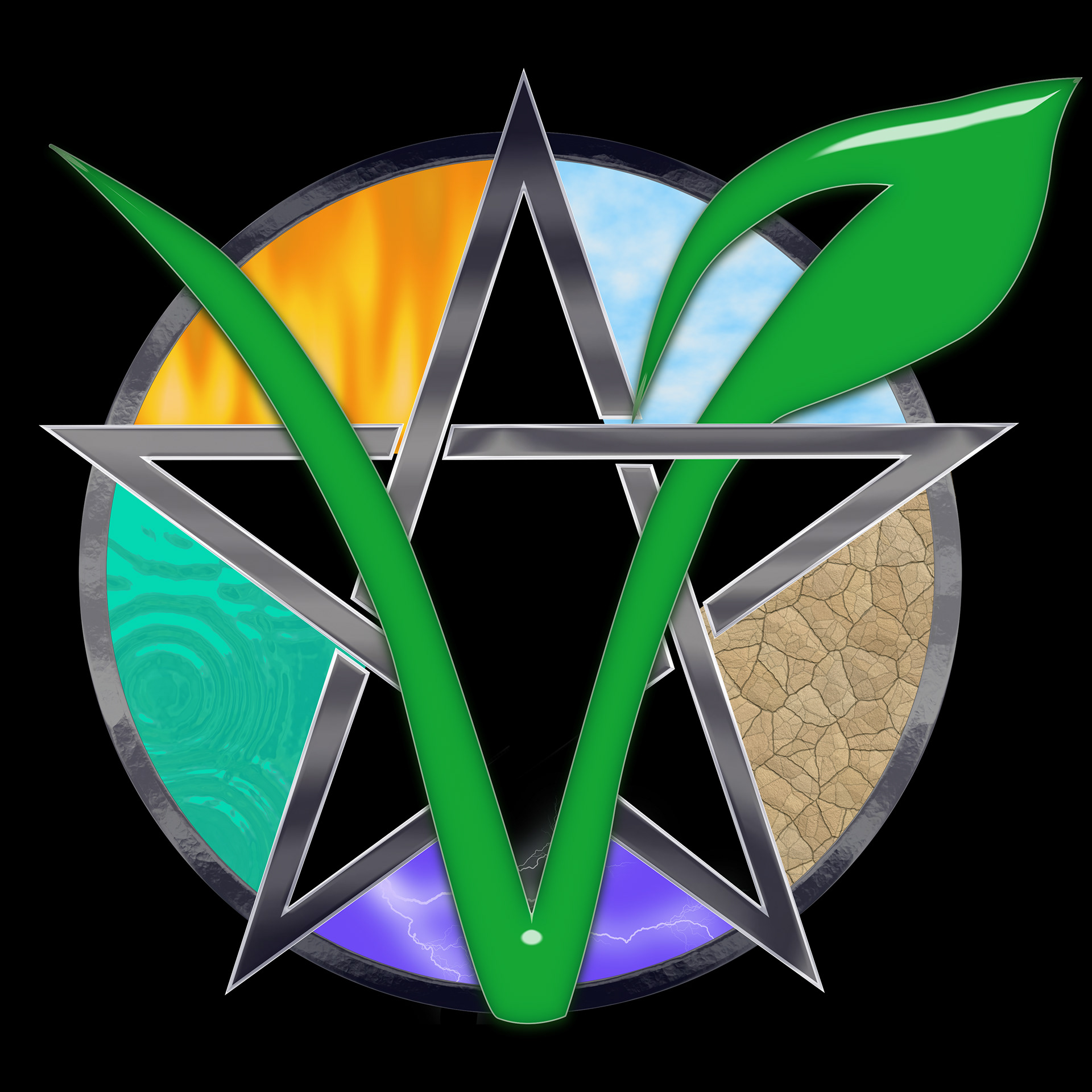 My personal logo design depicting fire, air, water, earth and spirit, wrapped in Vegan for the animals ~ reverse image.