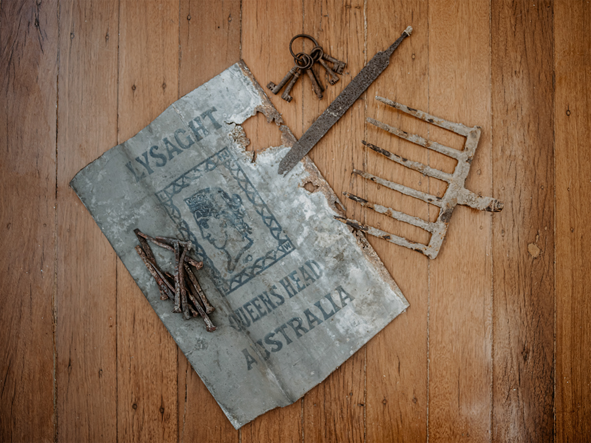 Some items discovered whilst renovating. The Lysaght tin was part of a replaced roof whilst the garden fork and file was dug up from were the Blacksmiths hut once stood