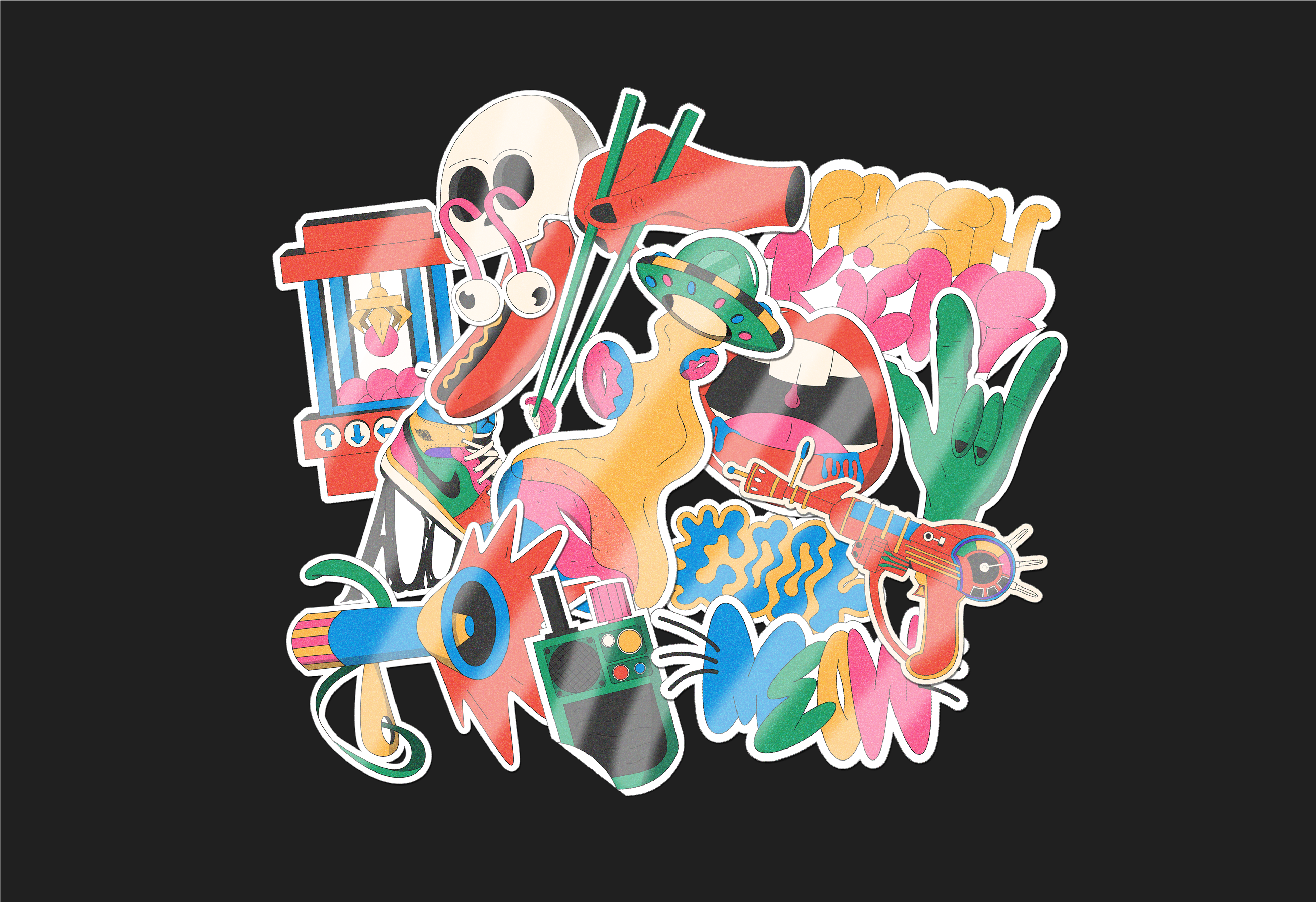 skull sticker, zombie sticker, sneaker sticker, gumball machine sticker, food stickers, big walk stickers, cat sticker
