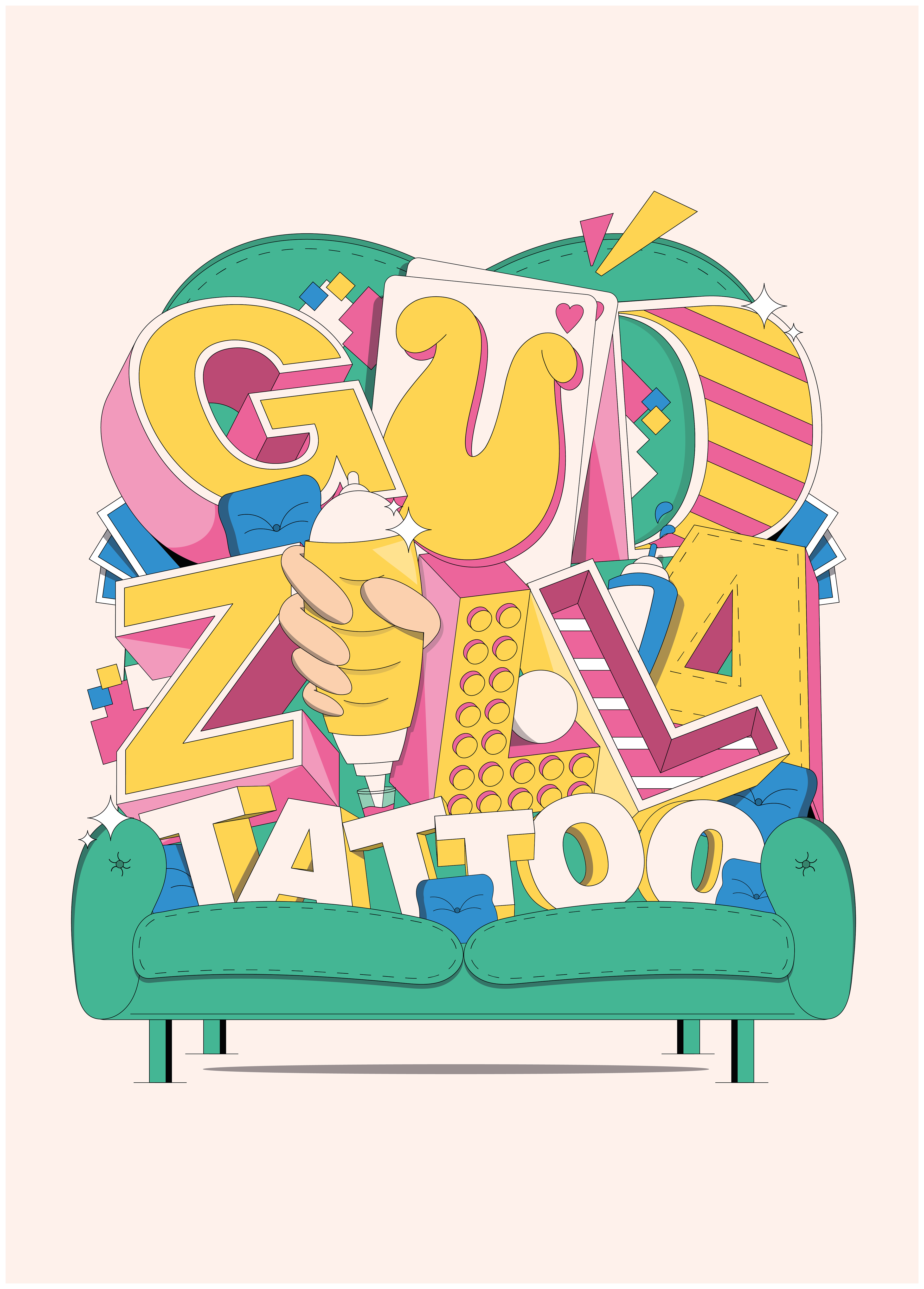 50x70 poster, 50x70 illustration, tattoo poster, tattoo artist, Portuguese tattoo artist, guzilla tattoo, gudzilla tattoo poster, full stop tattoo studio, retro poster, vibrant poster, vector illustration, vector art