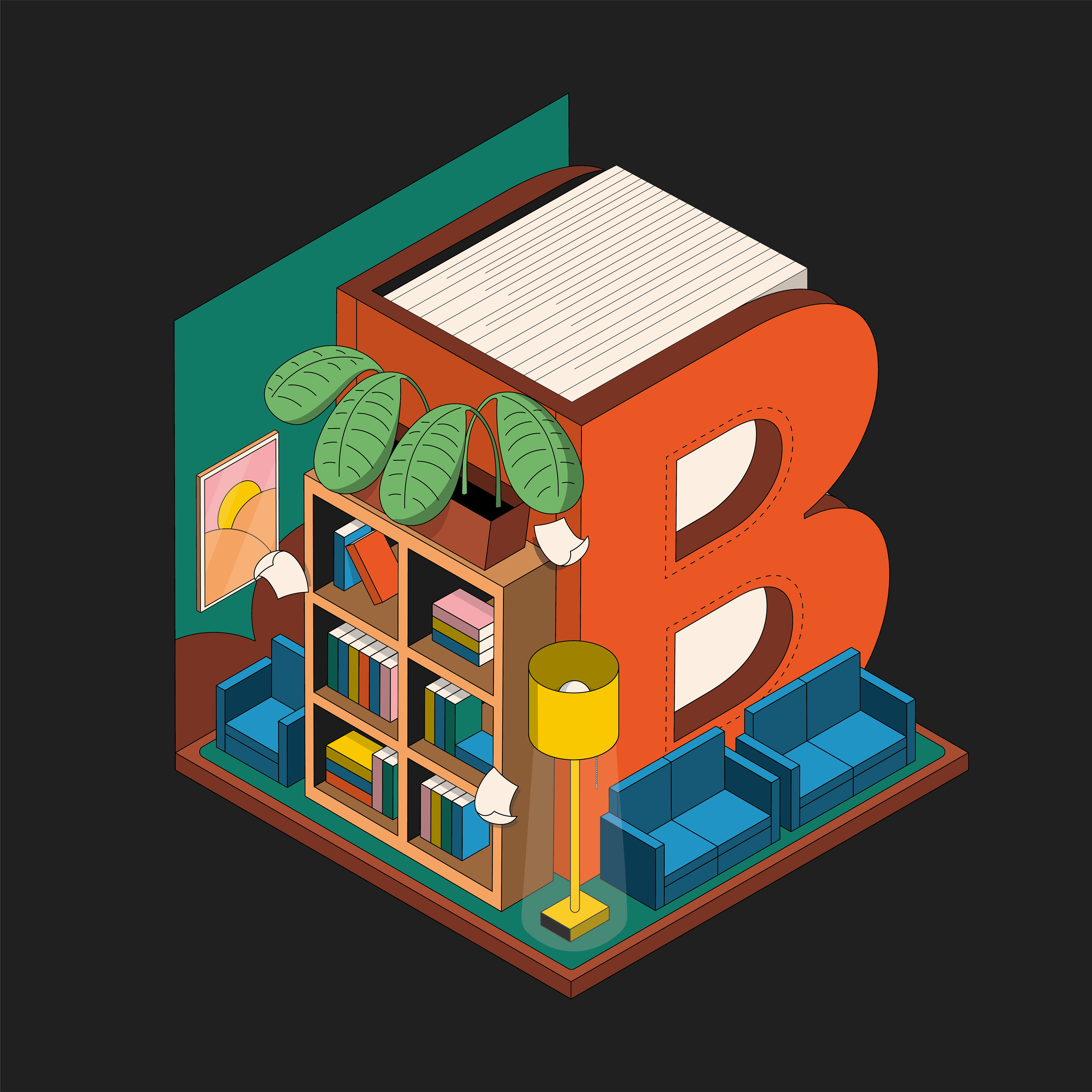 36 days of type, letter B, book illustration, book club illustration, library illustration, isometric illustration, isometric design, isometric poster,